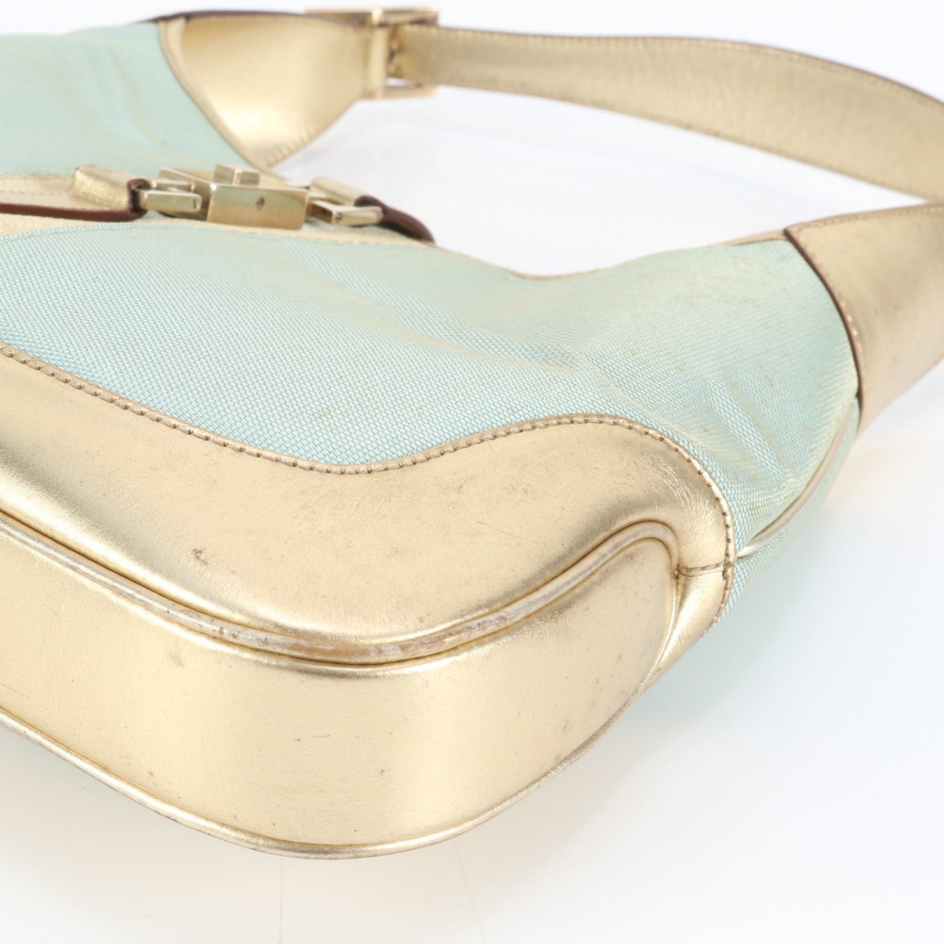 Gucci Blue Gold Leather Canvas Shoulder Bag