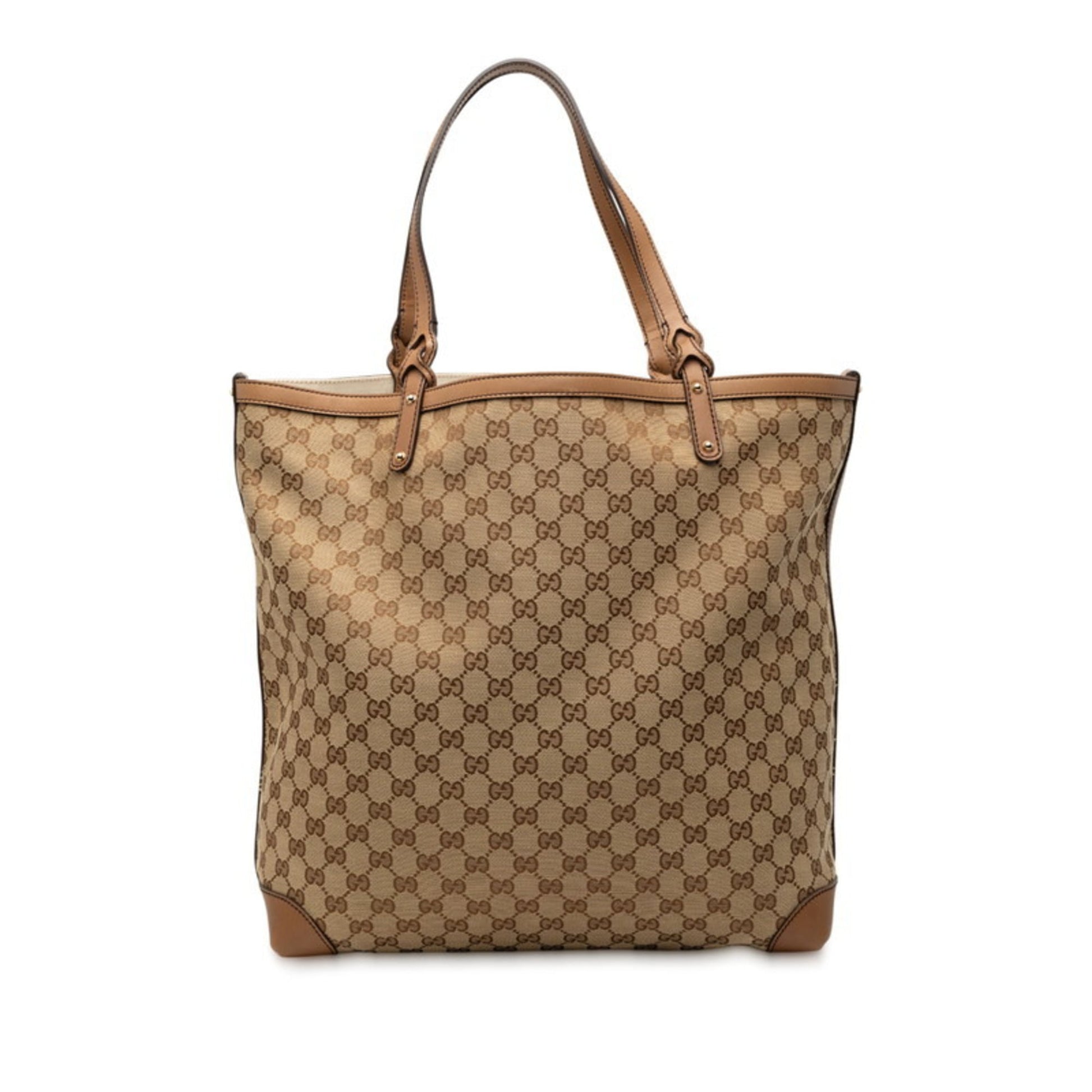 Gucci Gg Canvas Beige Brown Gg Canvas Leather Tote Bag