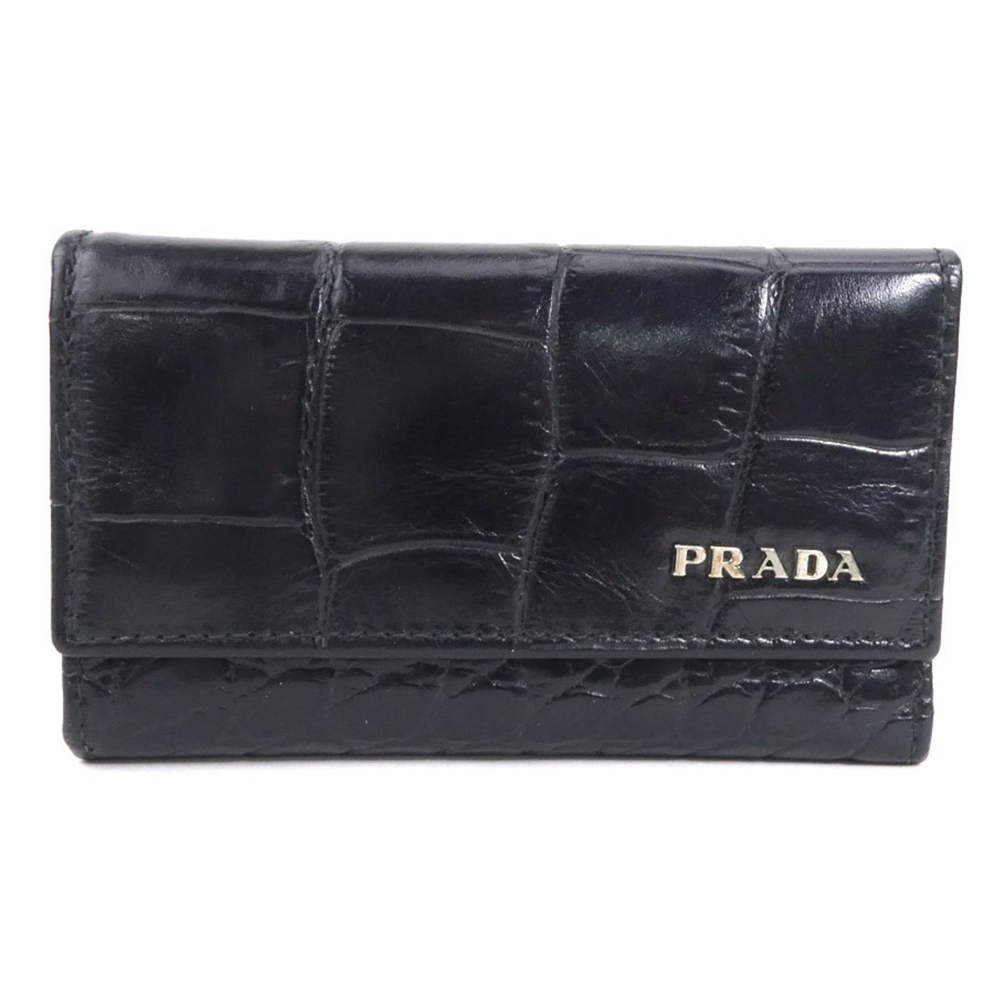Prada Key Case Unisex Luxury Handbag Leather Black Embossed Travel Bag