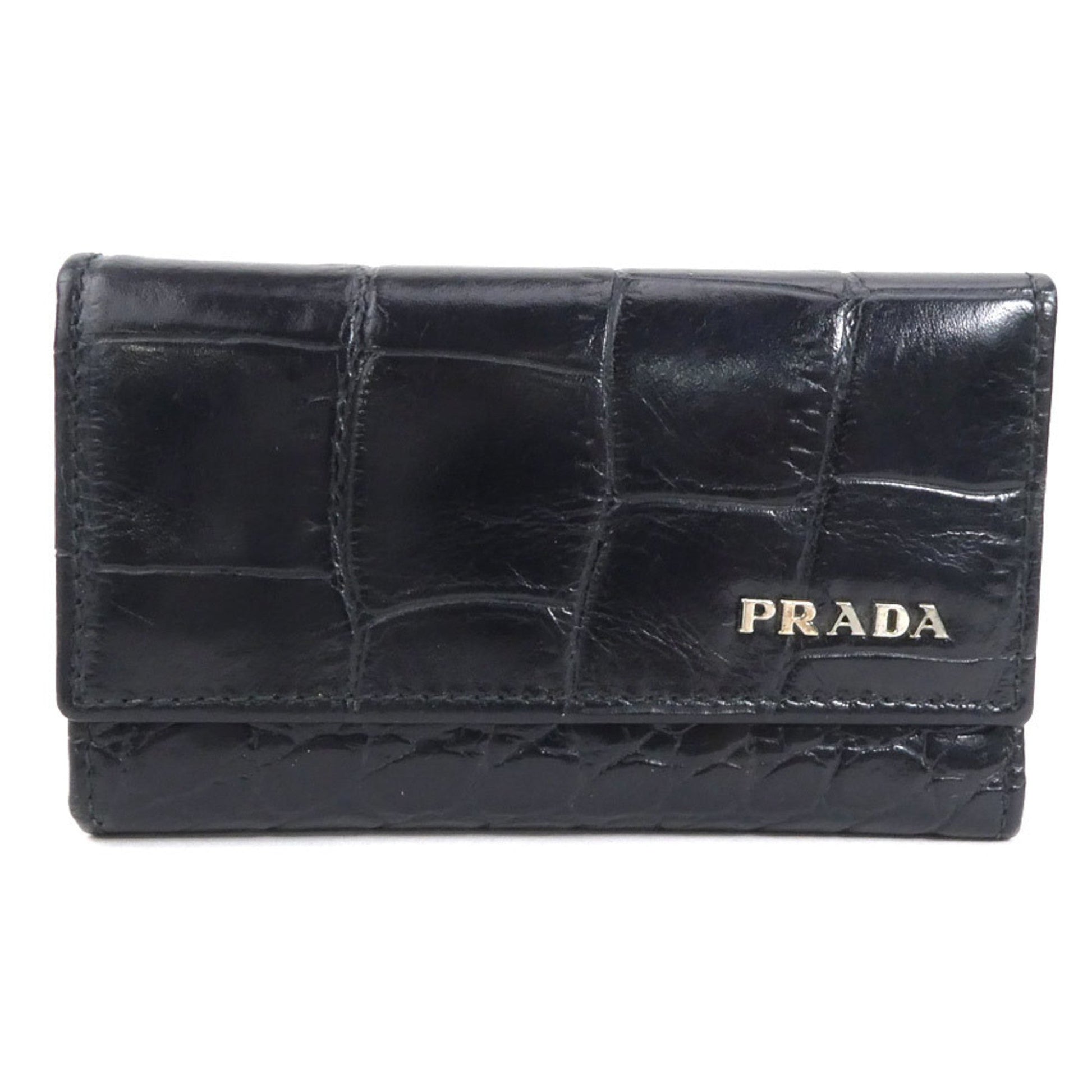 Prada Key Case Unisex Luxury Handbag Leather Black Embossed Travel Bag