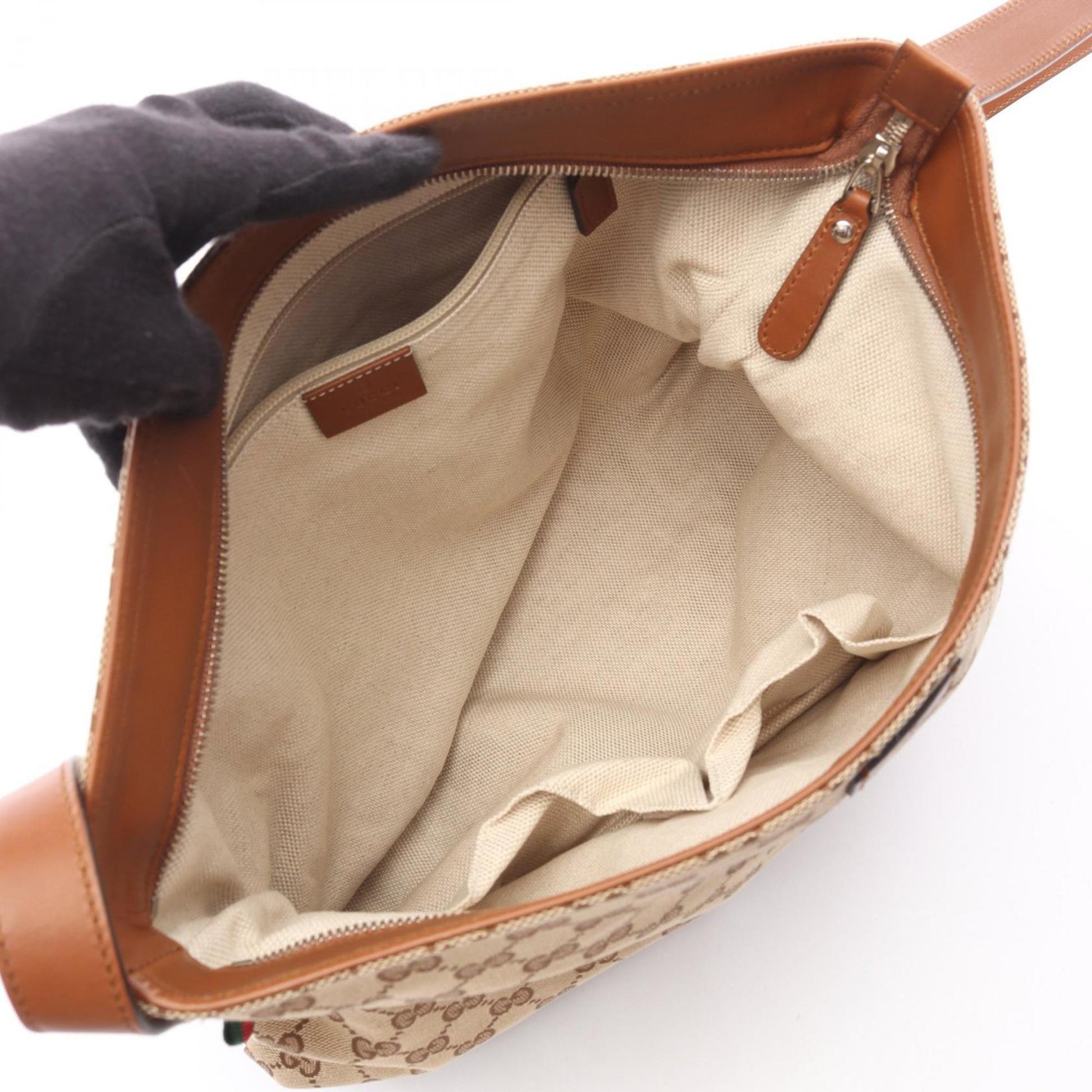 Gucci Beige Brown Canvas Leather Shoulder Bag