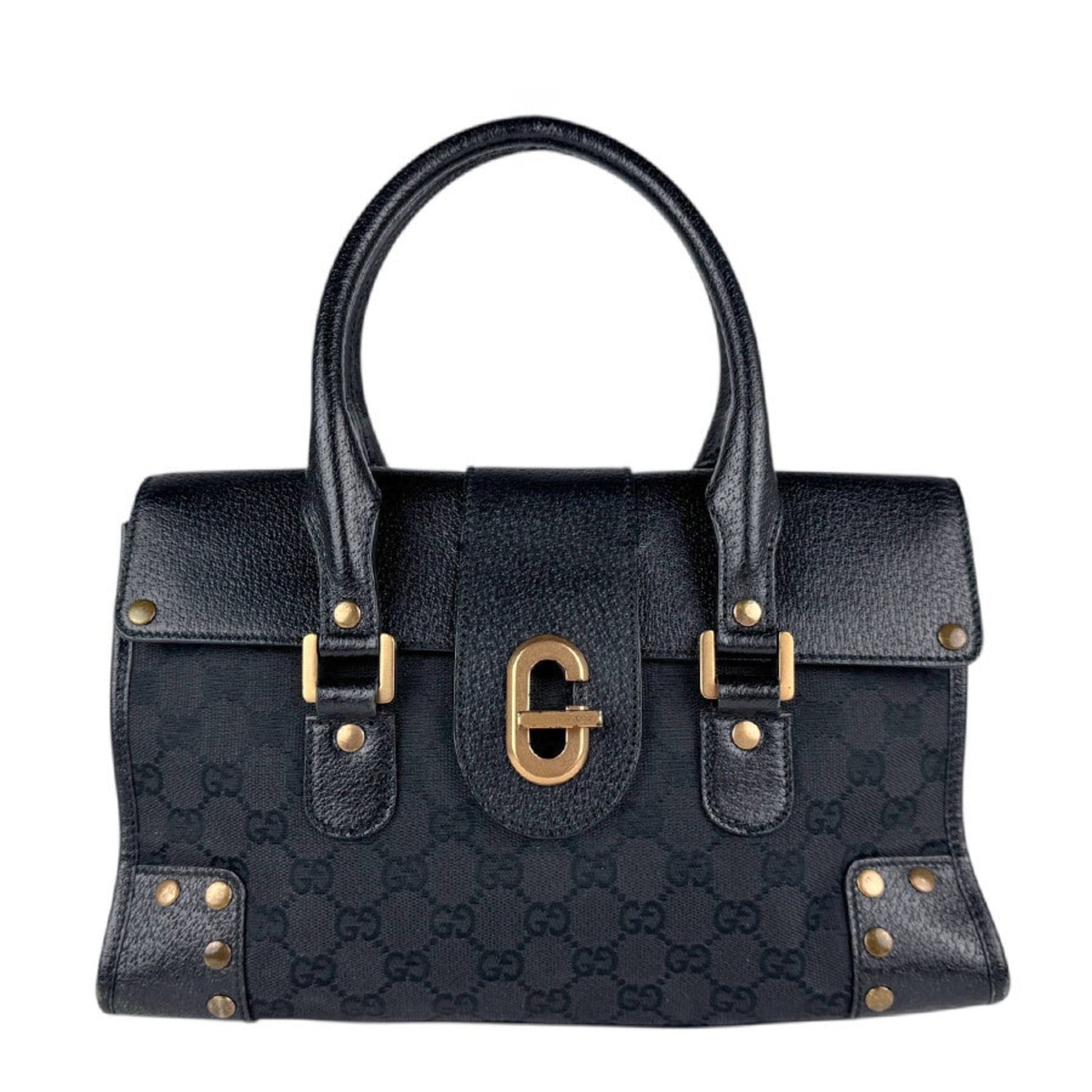 Gucci Black Gg Canvas Leather Handbag