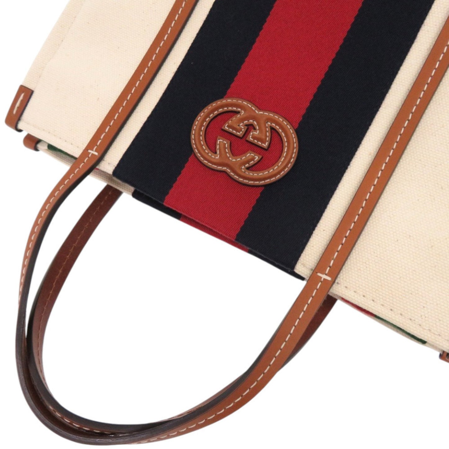 Gucci Sherry Line Navy Red Color White Canvas Tote Bag