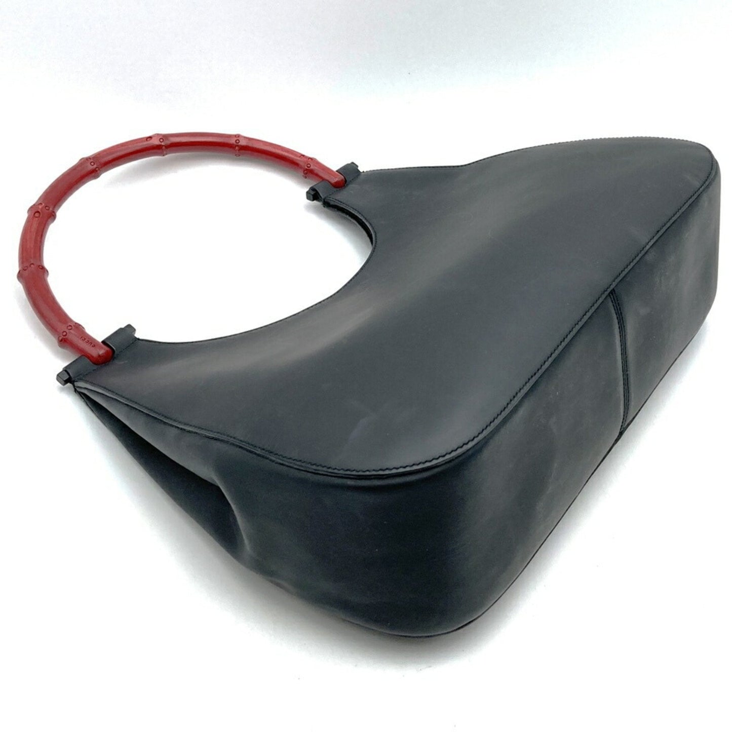 Gucci Black Red Color Leather Bamboo Shoulder Bag