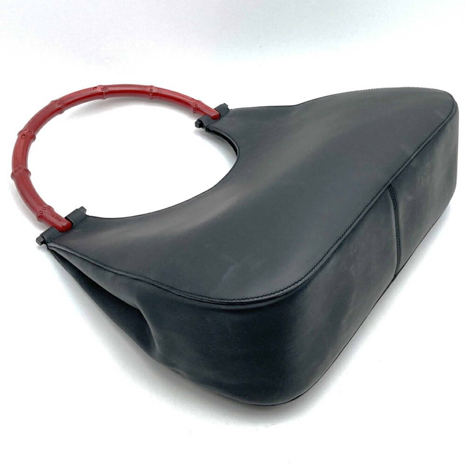 Gucci Black Red Color Leather Bamboo Shoulder Bag