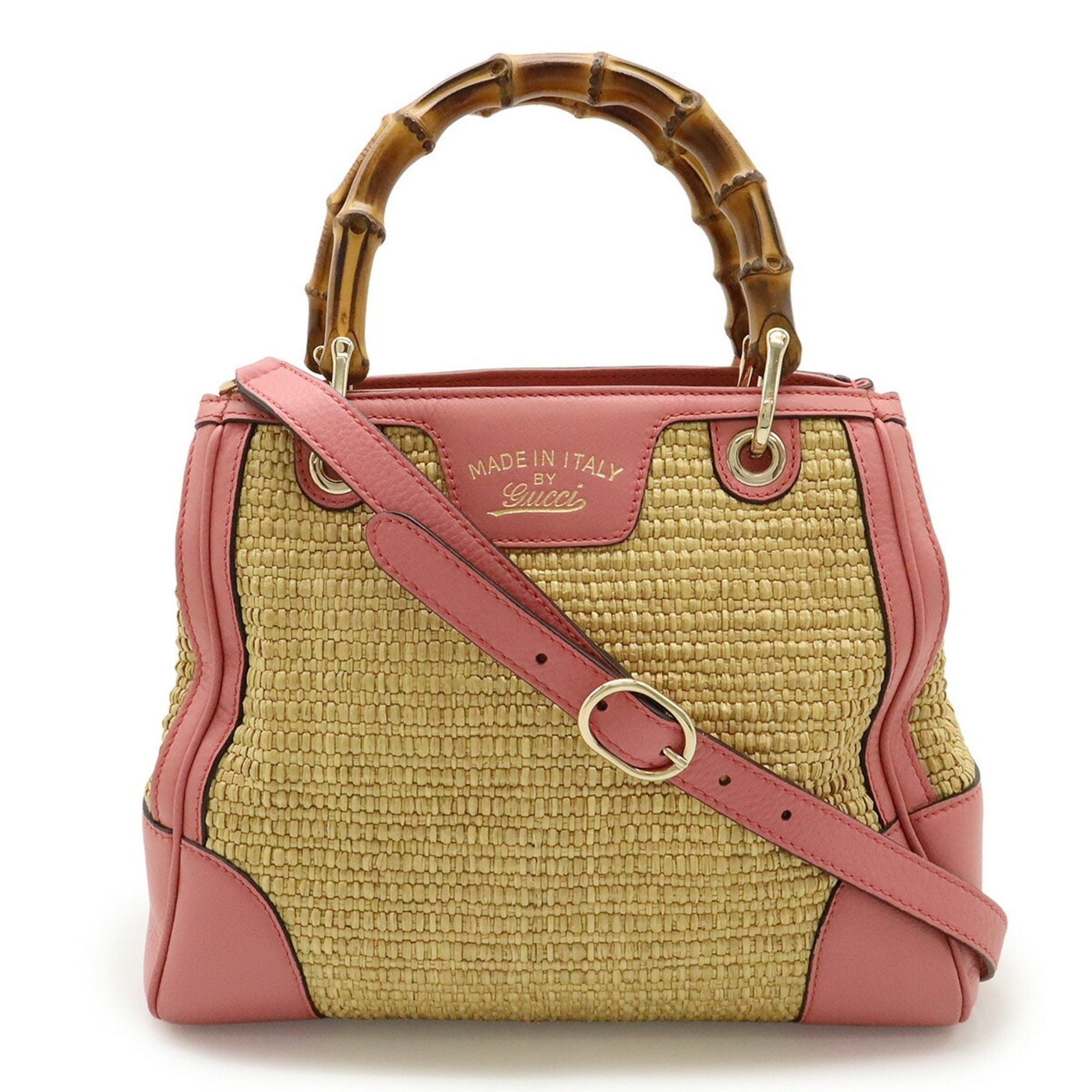 Gucci Pink Straw Leather Bamboo Handbag Shoulder Bag