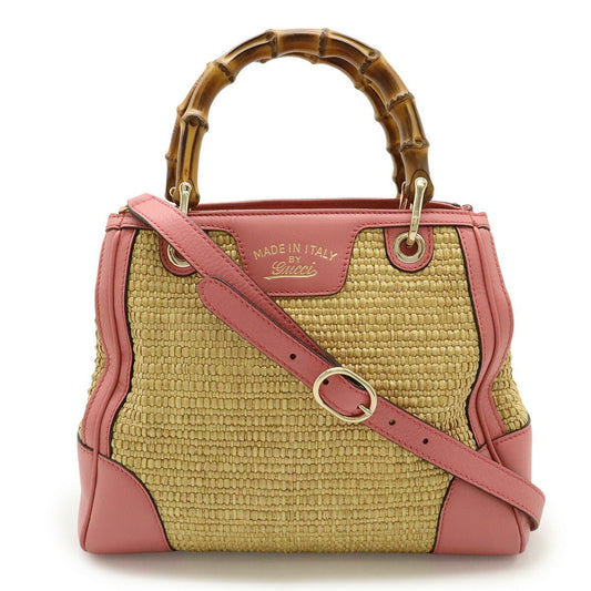 Gucci Pink Straw Leather Bamboo Handbag Shoulder Bag