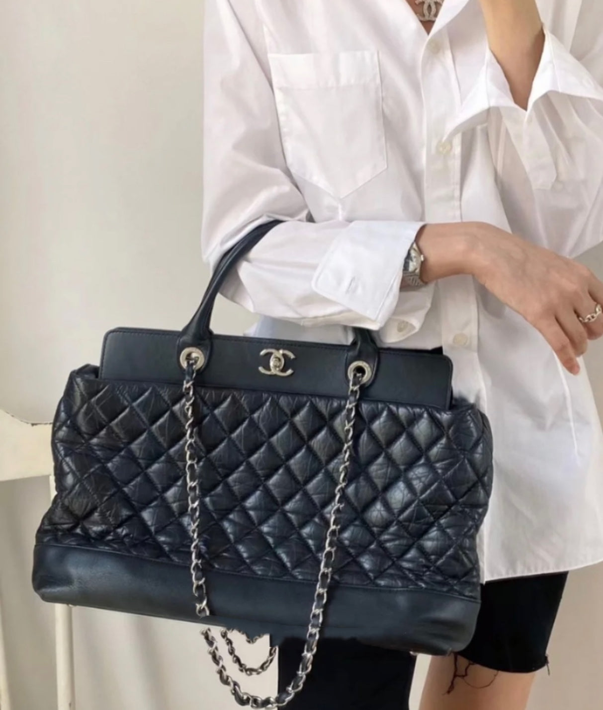 Chanel Quilted Navy Top Handle Straps Silver Leather Tote Bag