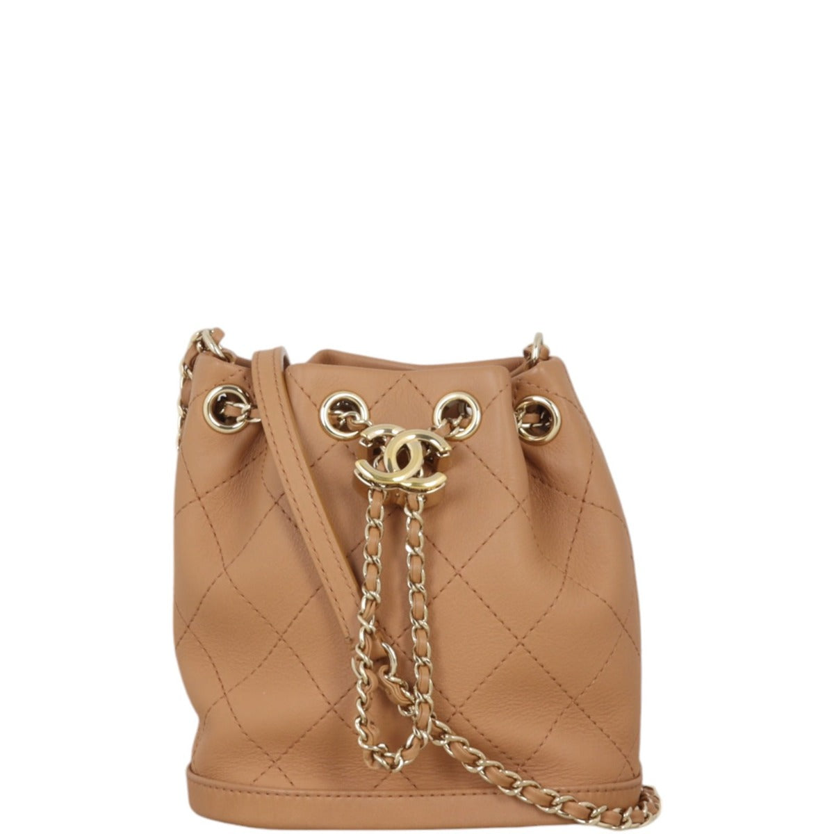 Chanel CC Drawstring Bucket Bag Quilted Brown Jewelry