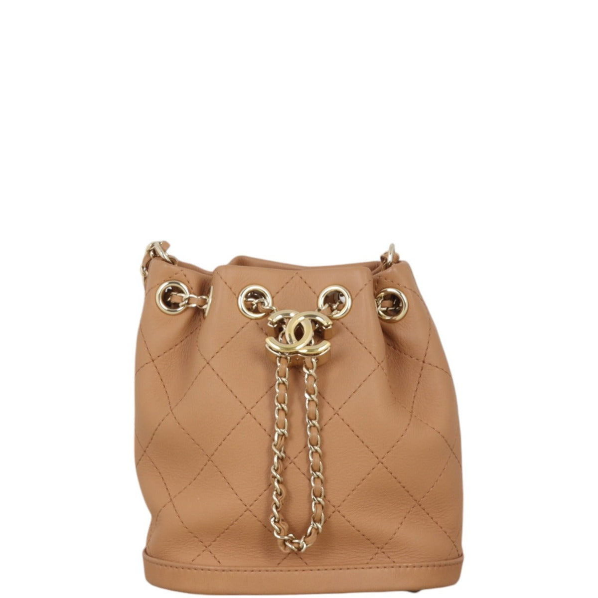 Chanel CC Drawstring Bucket Bag Quilted Brown Jewelry