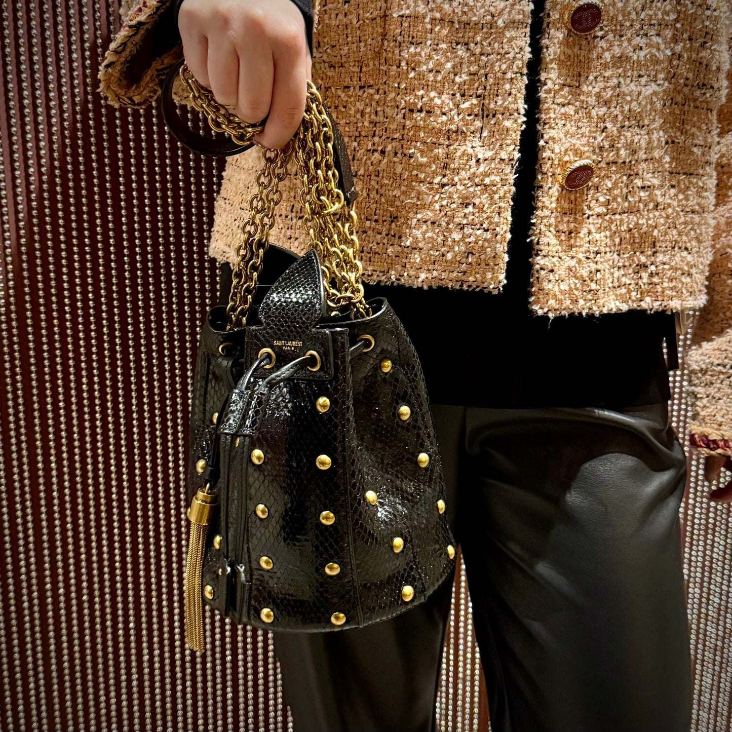 YSL Saint Laurent Snakeskin Studded Anja Bag Bucket Bucket Bag
