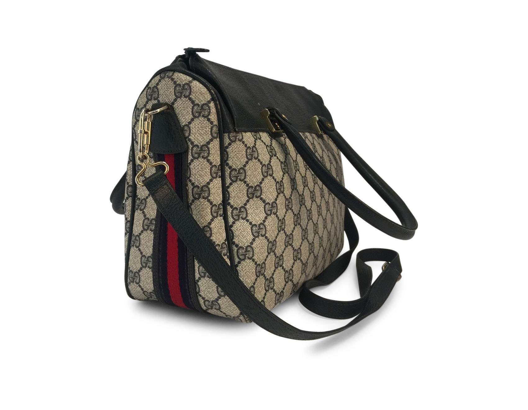 Gucci Navy Monogram Canvas Web Stripe Top Handle Bag