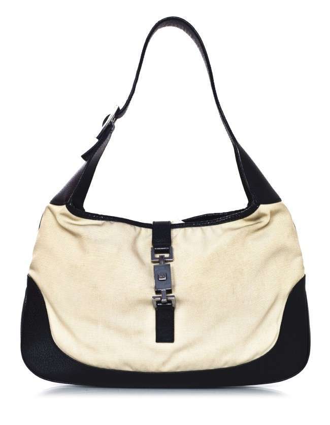 Gucci Black Leather and Beige Canvas Jackie-O Bag