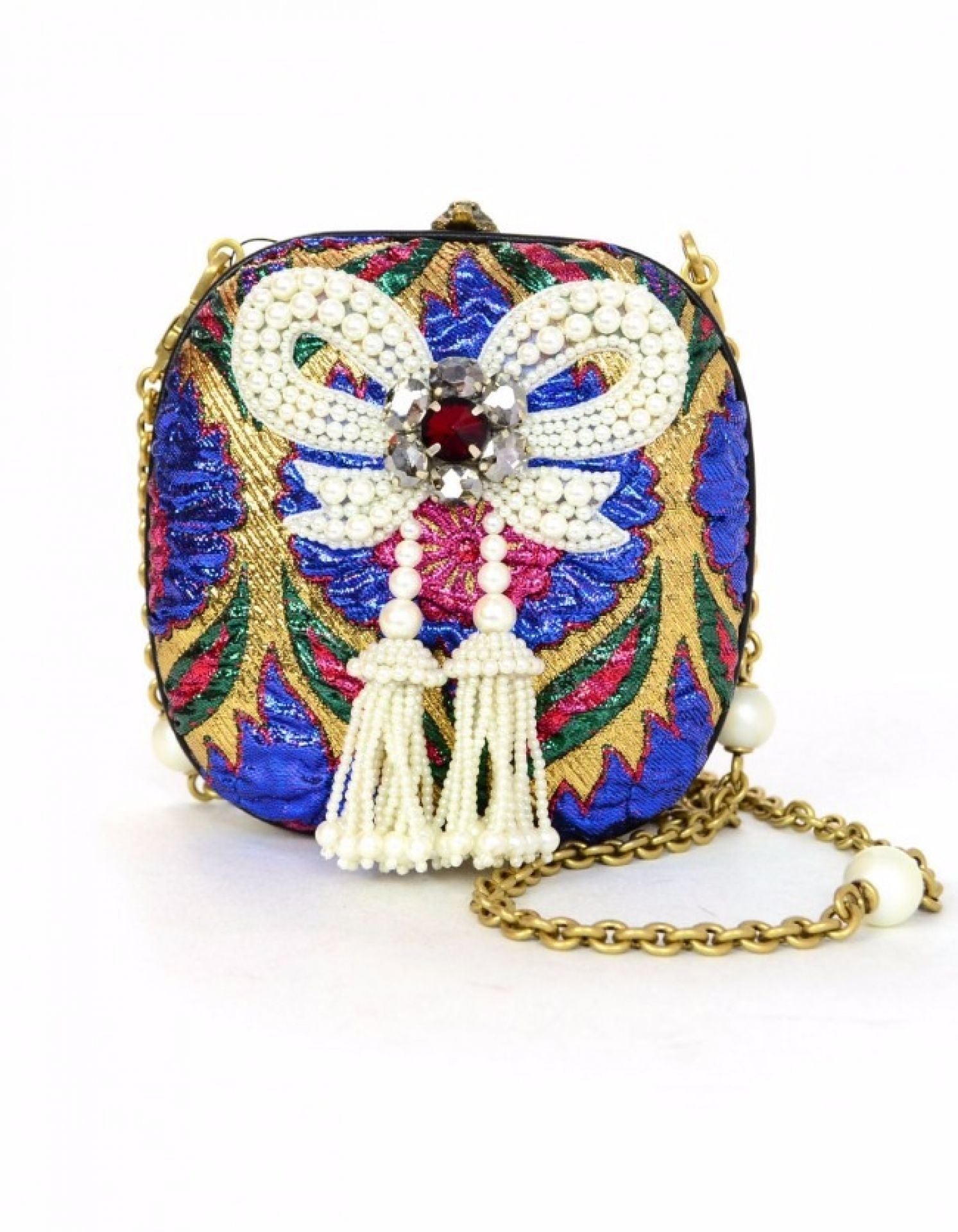 Gucci Multi-Color Brocade Broadway Faux Pearl Embellished Minaudiere