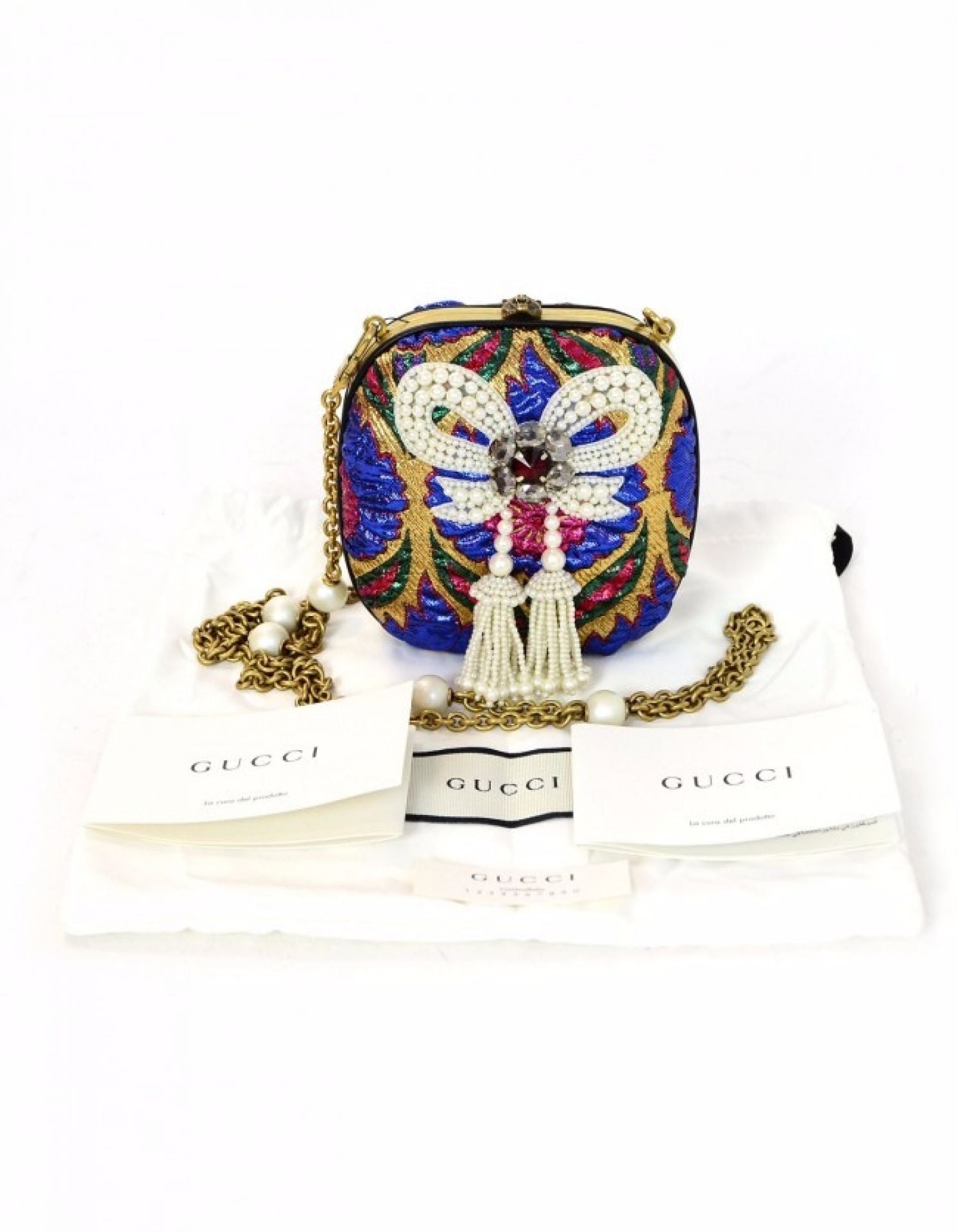 Gucci Multi-Color Brocade Broadway Faux Pearl Embellished Minaudiere