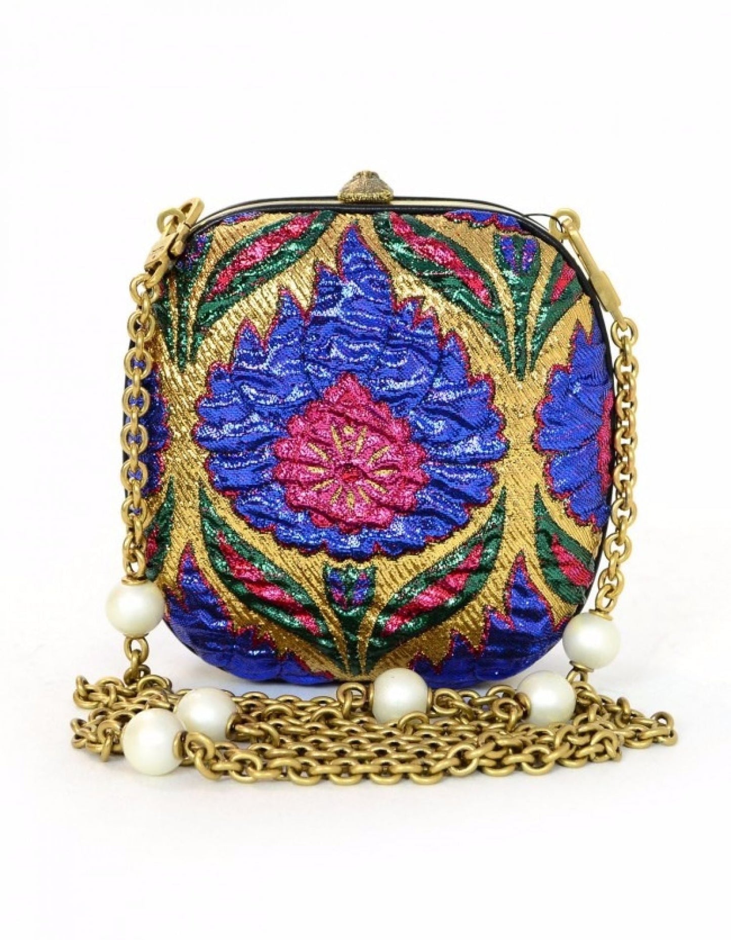 Gucci Multi-Color Brocade Broadway Faux Pearl Embellished Minaudiere