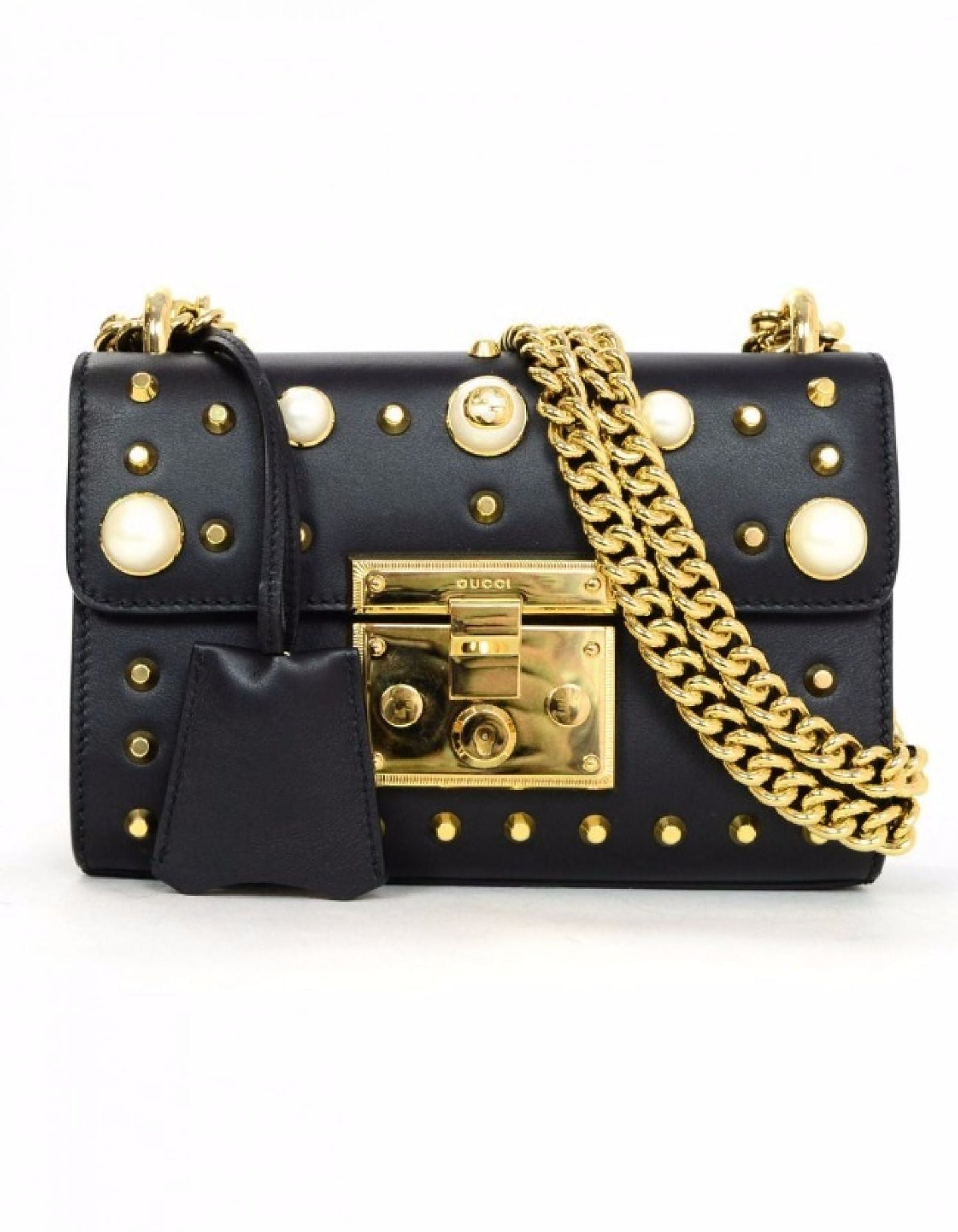 Gucci Black Leather & Faux Pearl Studded Padlock Shoulder Bag