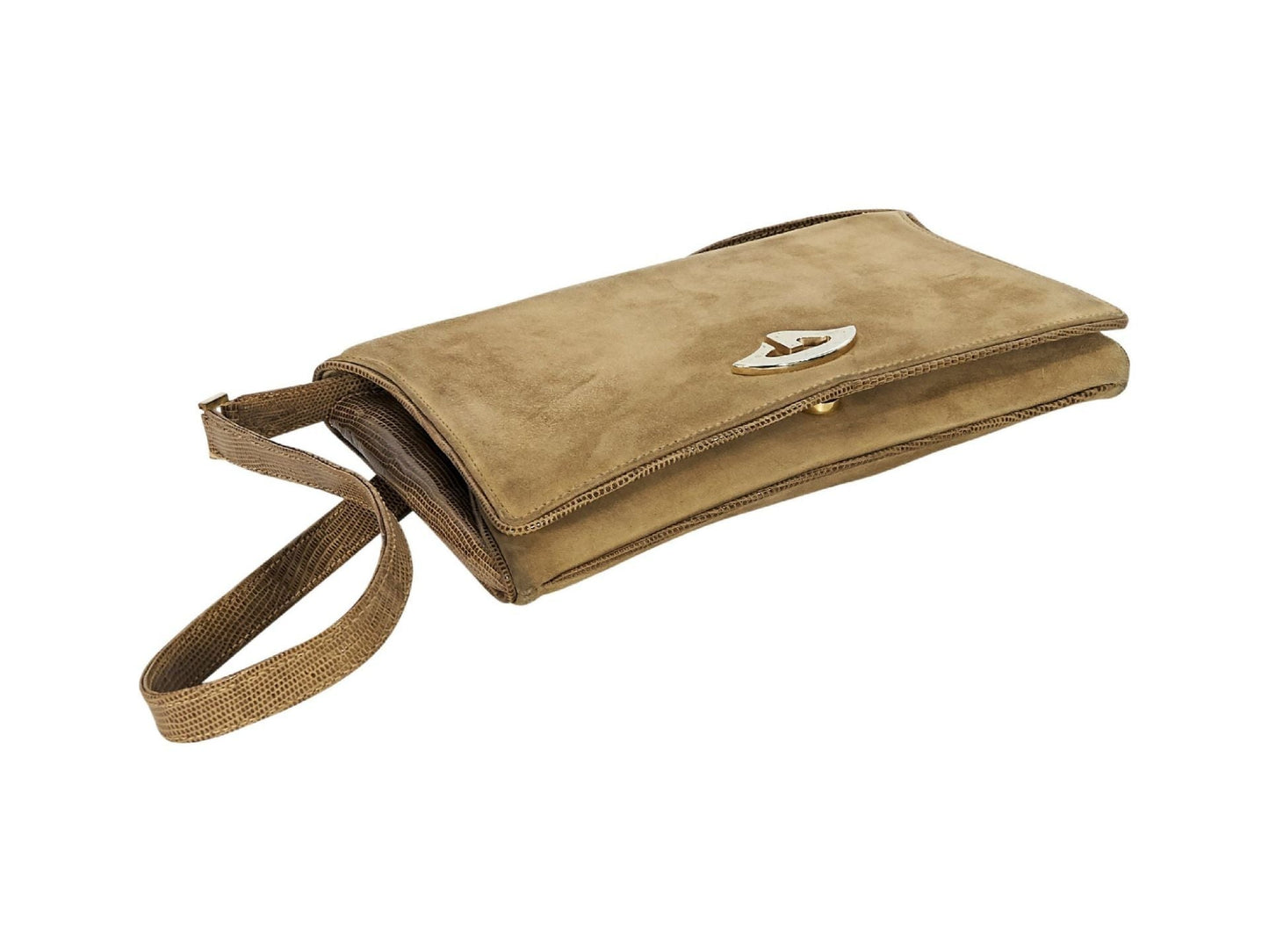 Tan Gucci Suede & Crocodile Shoulder Bag
