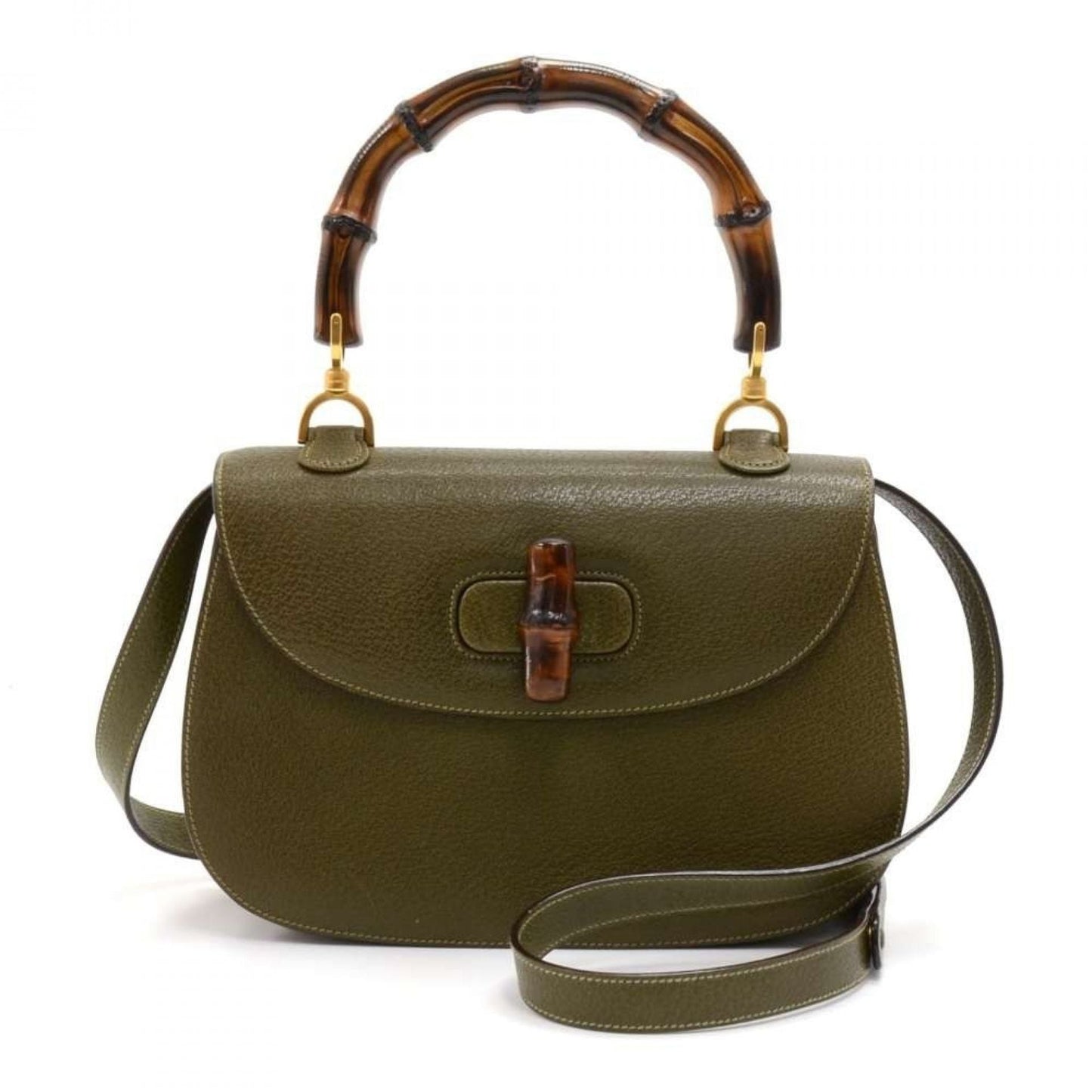 Gucci Bamboo Top Handle Olive Green Pebbled Leather 2 Way Bag