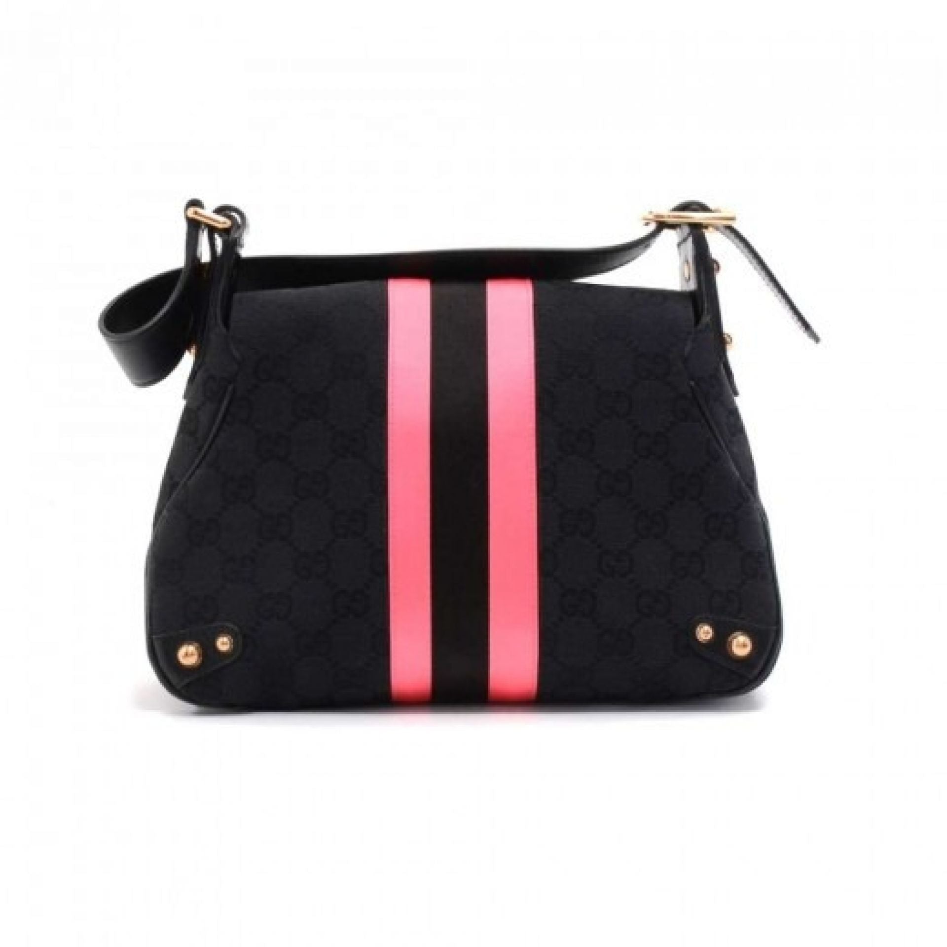 Gucci Black Guccissima Canvas Pink & Black Satin Stripe Horsebit Shoulder Bag