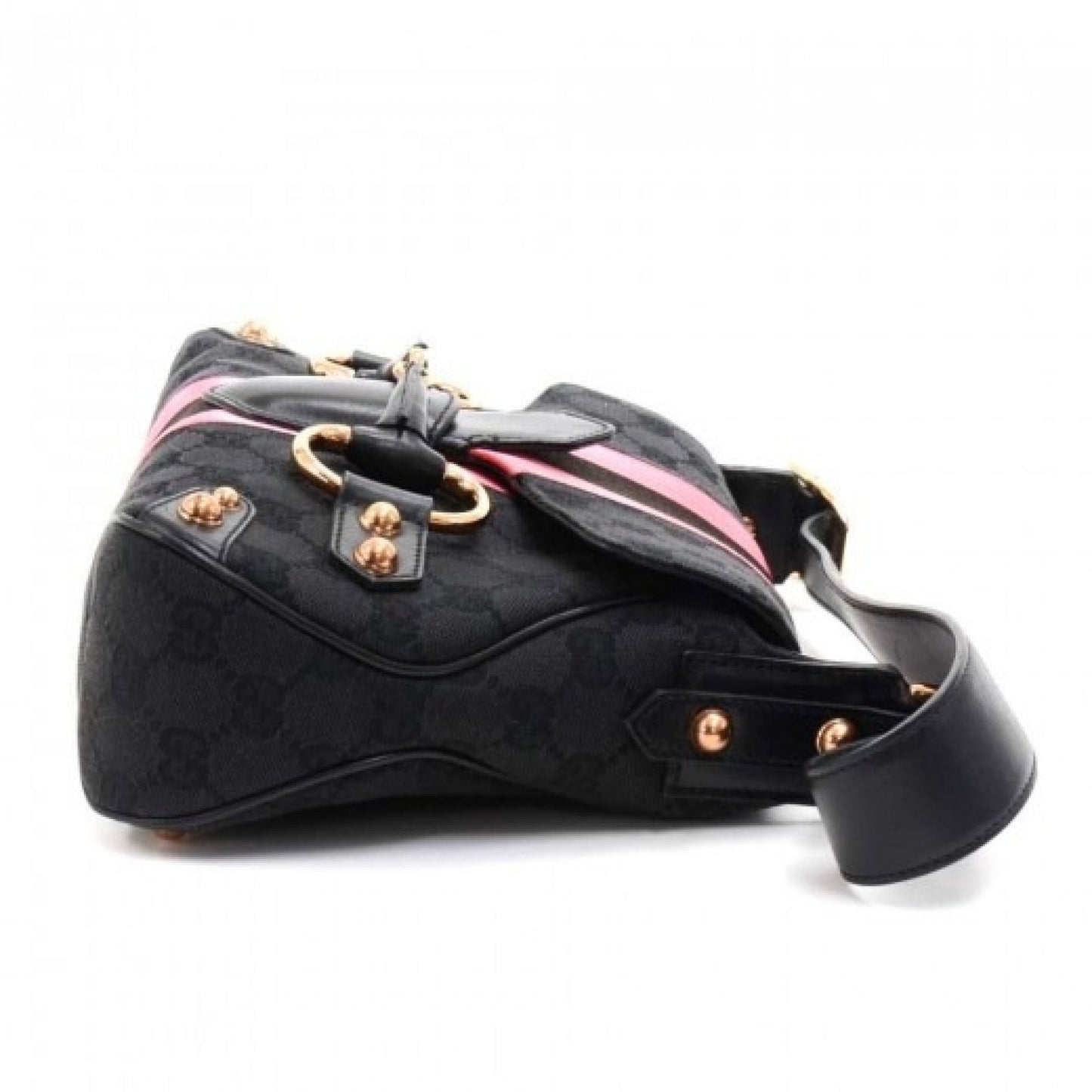 Gucci Black Guccissima Canvas Pink & Black Satin Stripe Horsebit Shoulder Bag