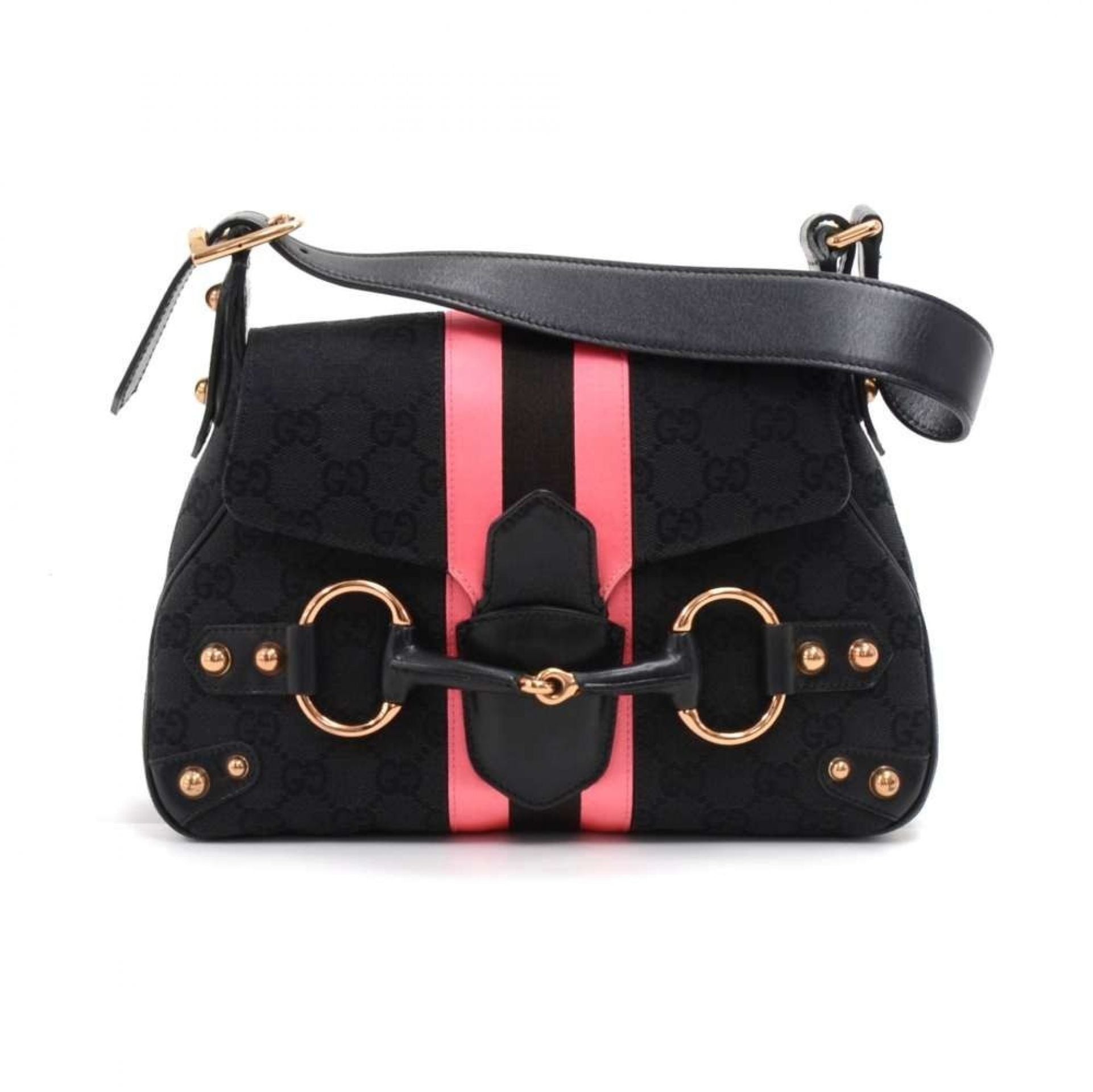 Gucci Black Guccissima Canvas Pink & Black Satin Stripe Horsebit Shoulder Bag