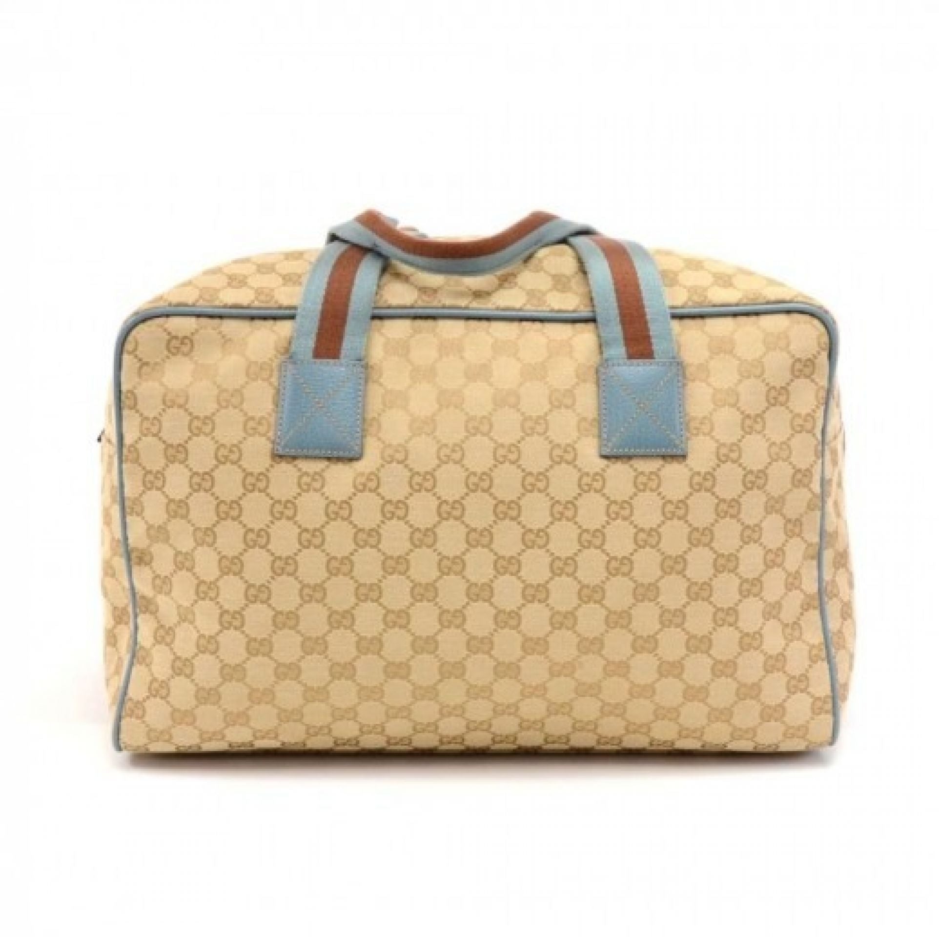 Gucci Beige GG Monogram Canvas & Light Blue Leather Duffle Carryall Bag