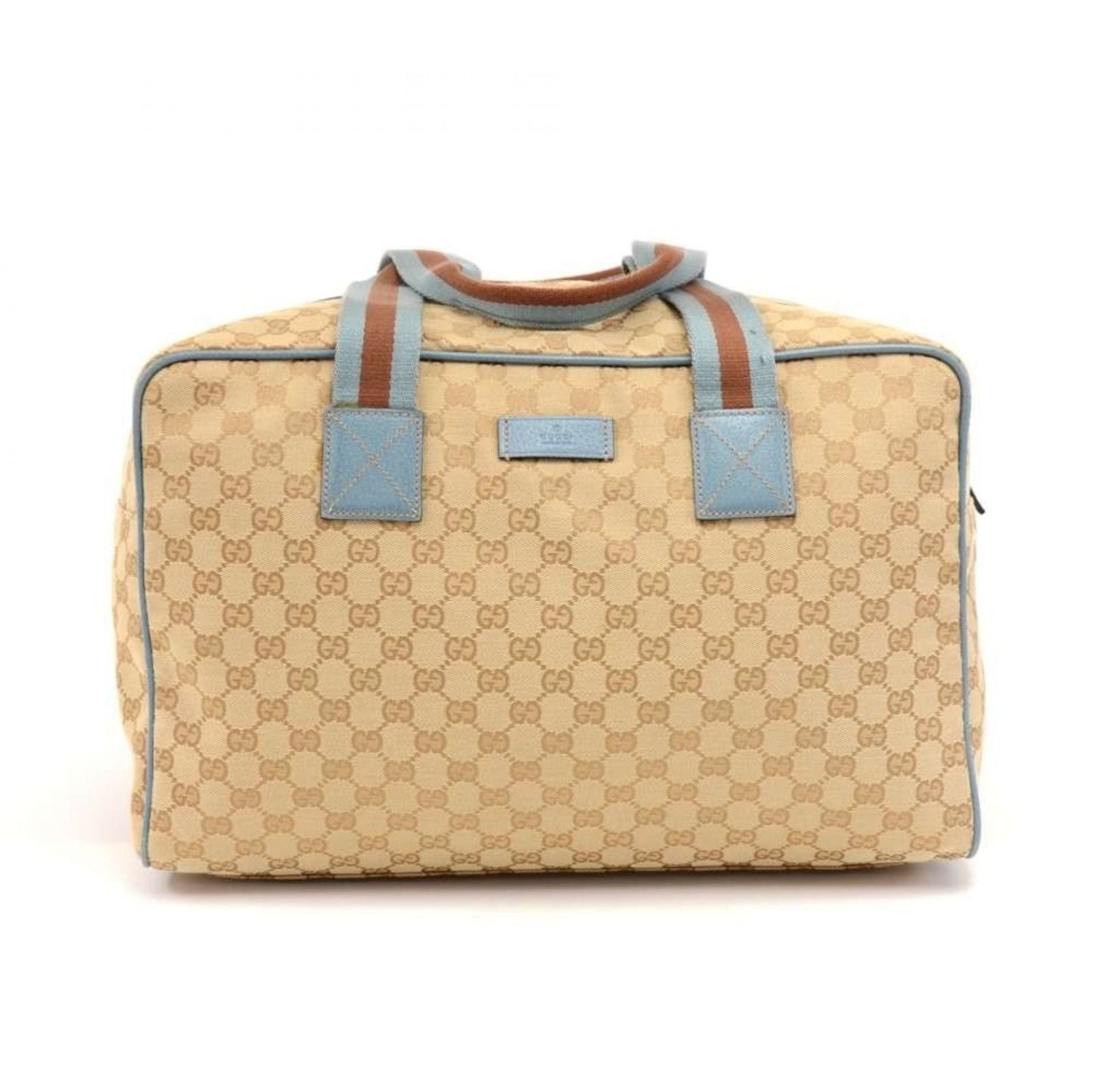 Gucci Beige GG Monogram Canvas & Light Blue Leather Duffle Carryall Bag