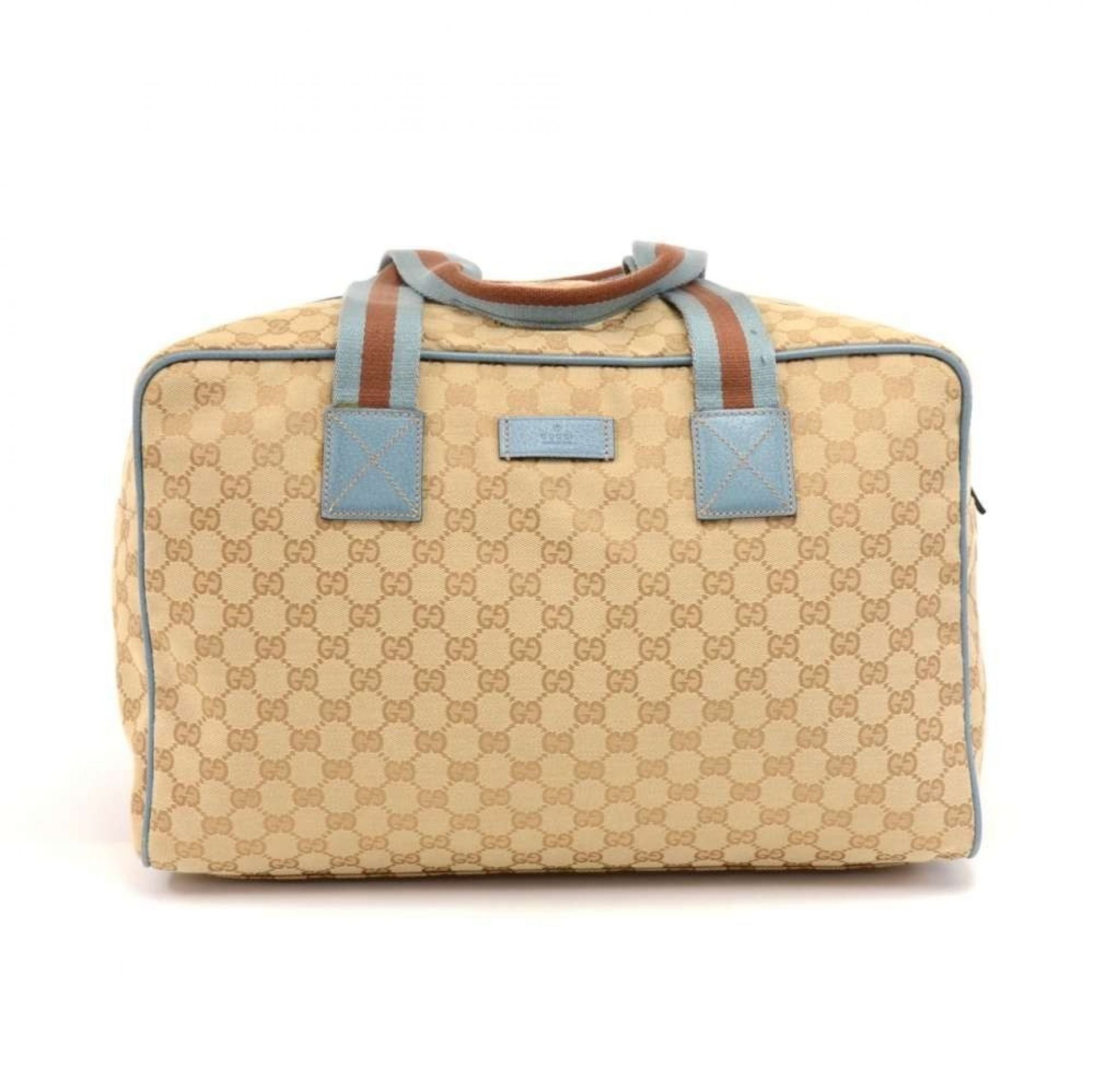 Gucci Beige GG Monogram Canvas & Light Blue Leather Duffle Carryall Bag