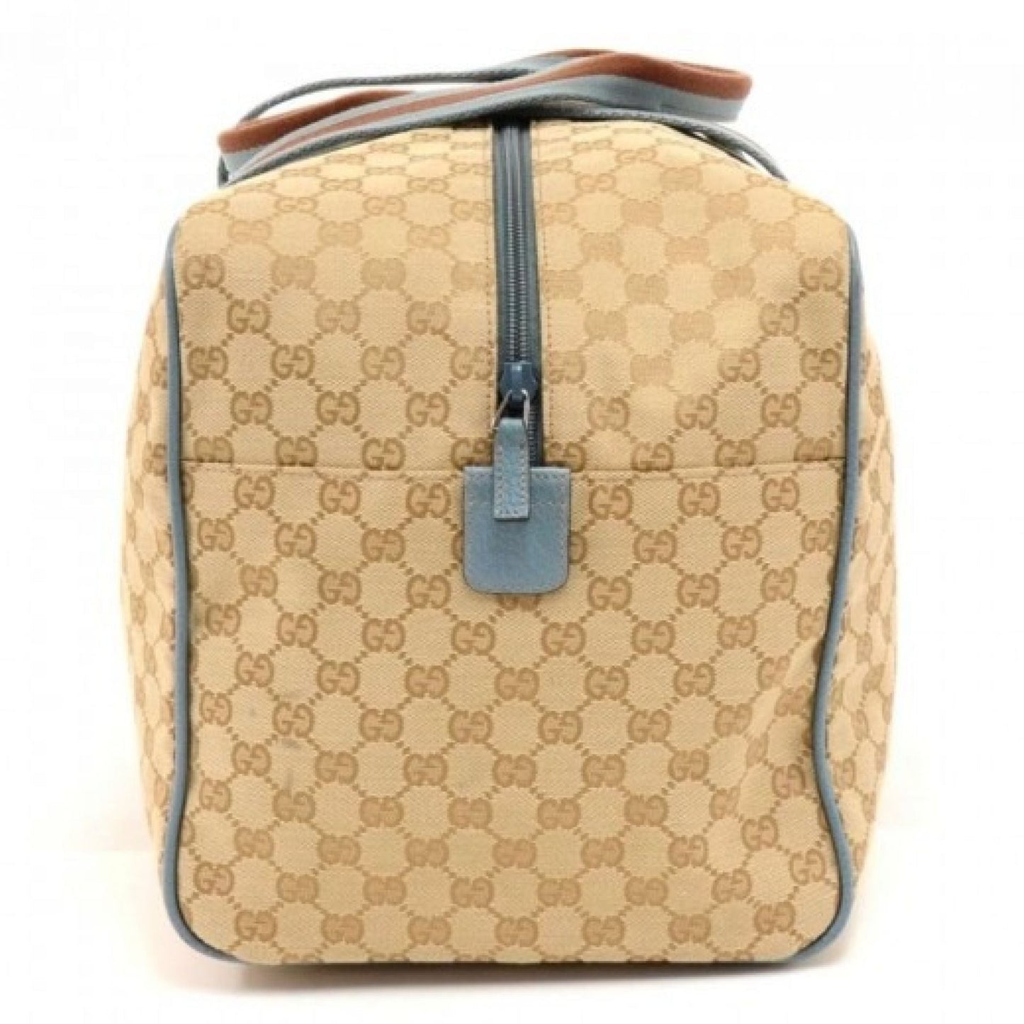Gucci Beige GG Monogram Canvas & Light Blue Leather Duffle Carryall Bag