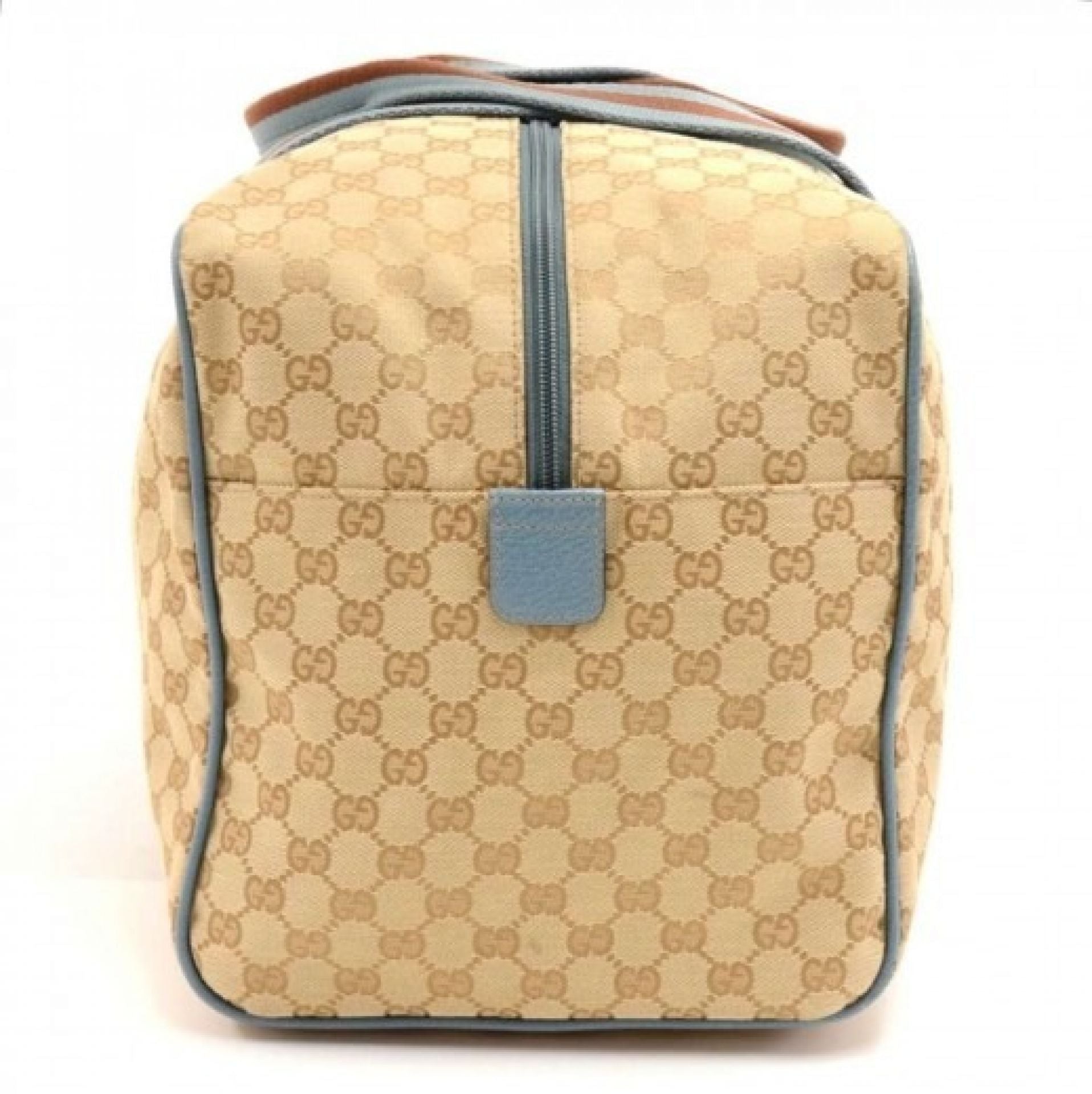 Gucci Beige GG Monogram Canvas & Light Blue Leather Duffle Carryall Bag