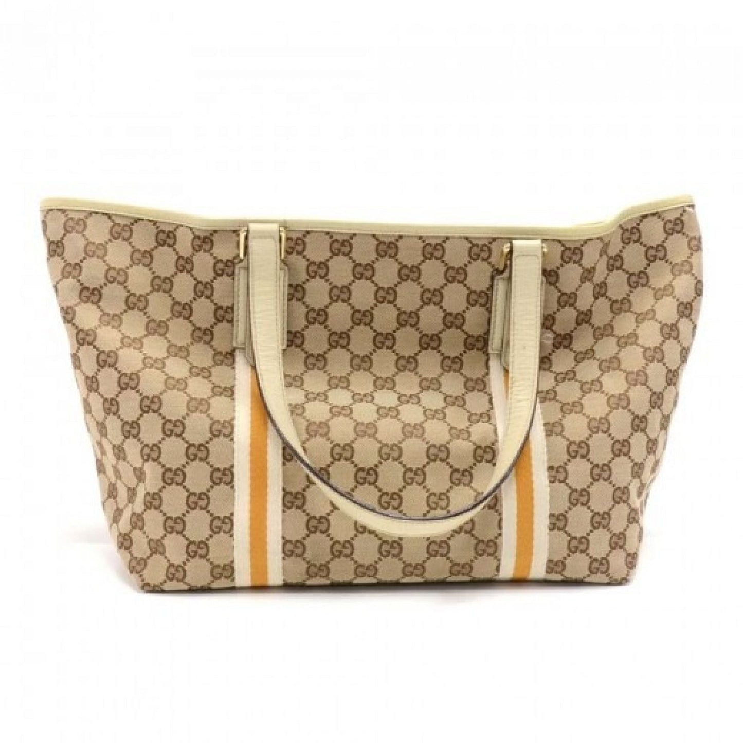 Gucci GG Supreme Beige Monogram Canvas White & Orange Web Tote Bag + Bag Charm