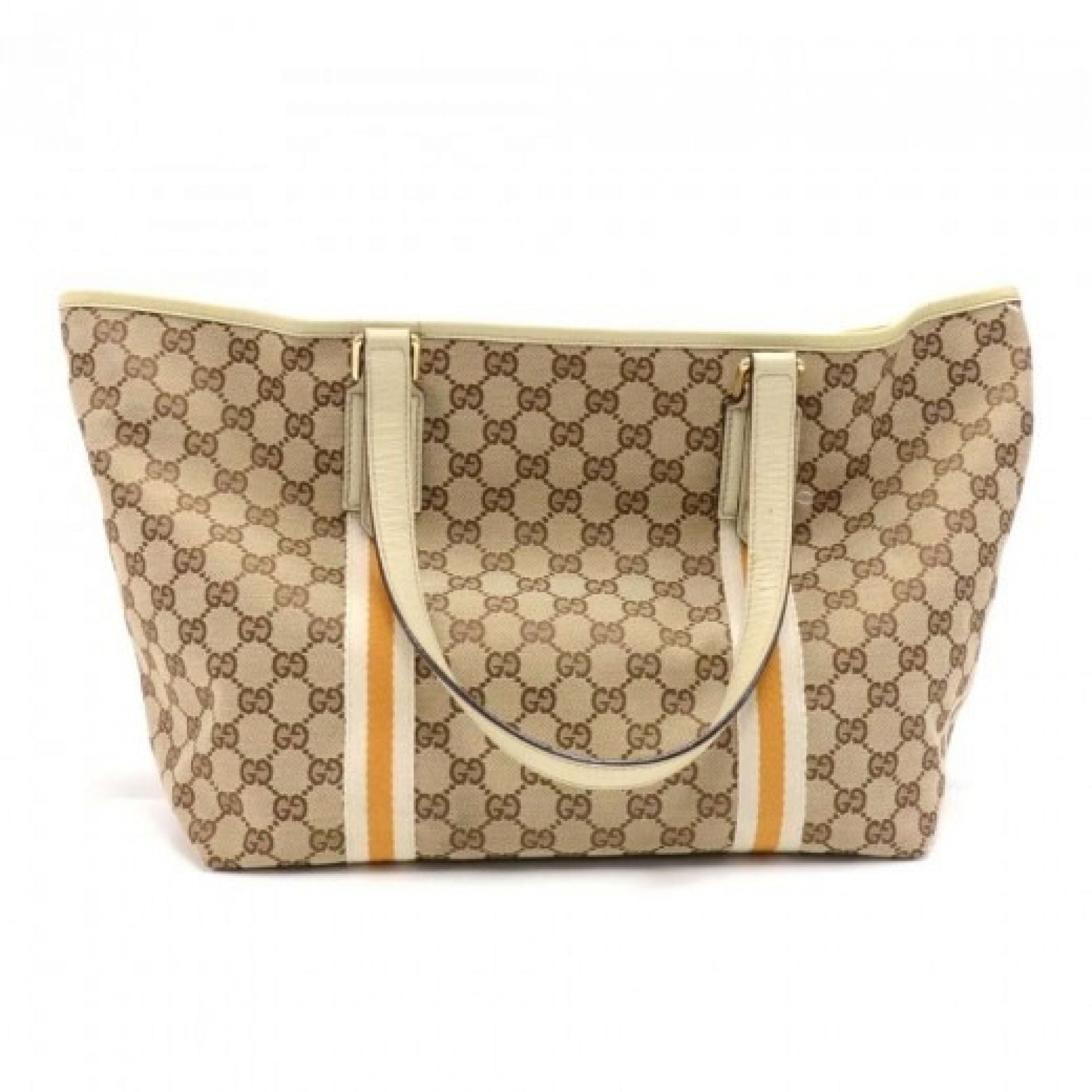 Gucci GG Supreme Beige Monogram Canvas White & Orange Web Tote Bag + Bag Charm