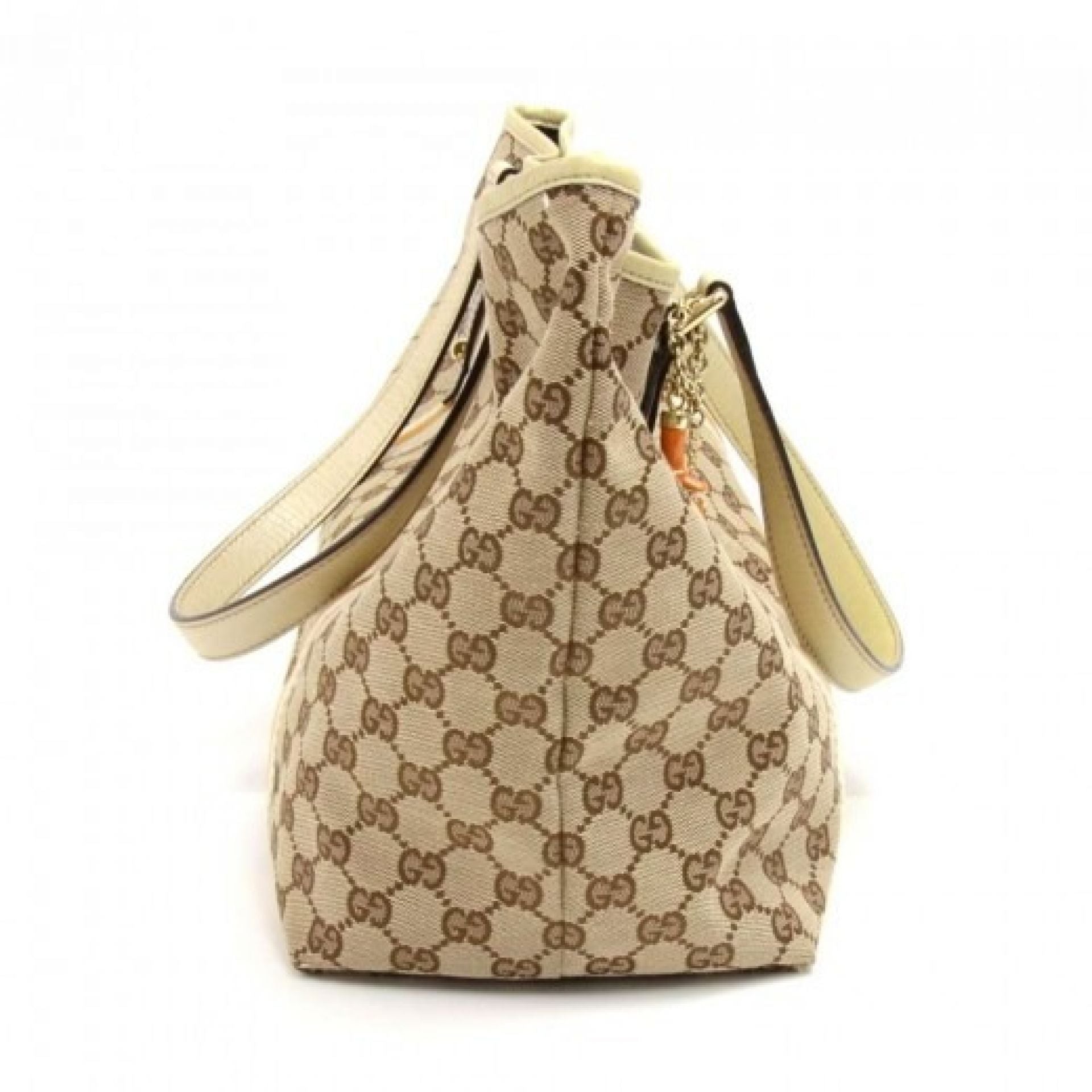Gucci GG Supreme Beige Monogram Canvas White & Orange Web Tote Bag + Bag Charm