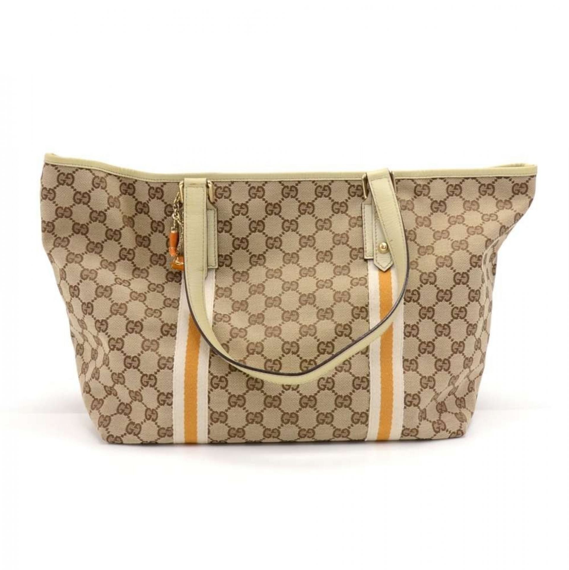 Gucci GG Supreme Beige Monogram Canvas White & Orange Web Tote Bag + Bag Charm