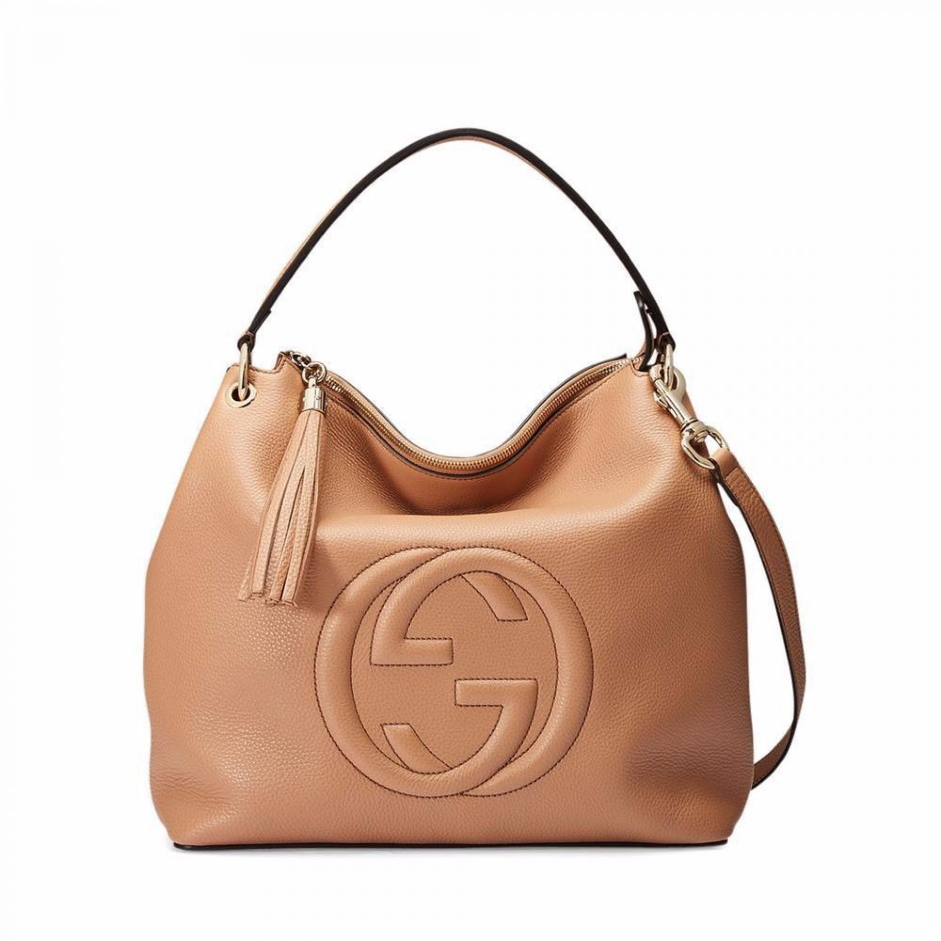 GUCCI SOHO LARGE LEATHER CELLARIUS BAG, CAMELIA