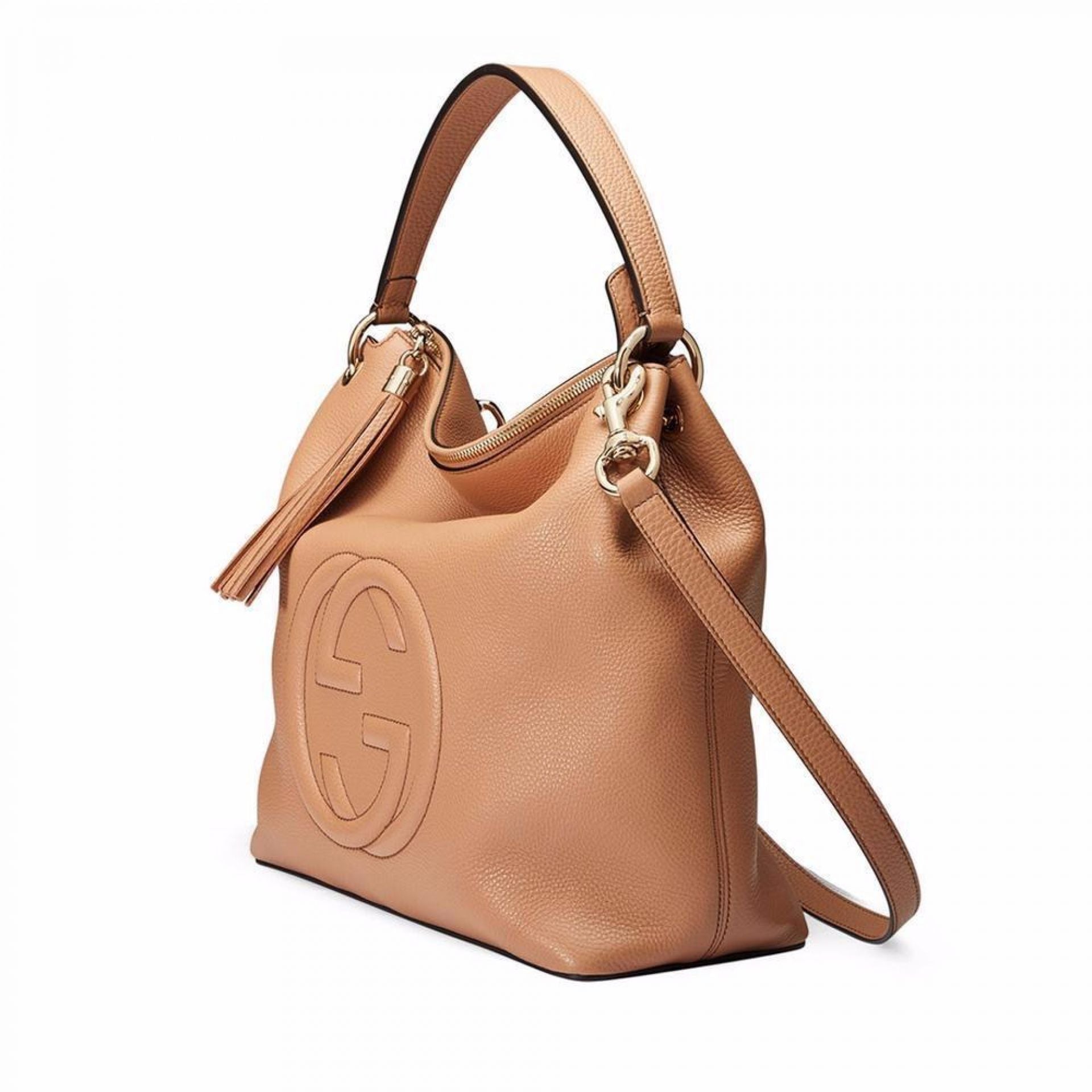 GUCCI SOHO LARGE LEATHER CELLARIUS BAG, CAMELIA