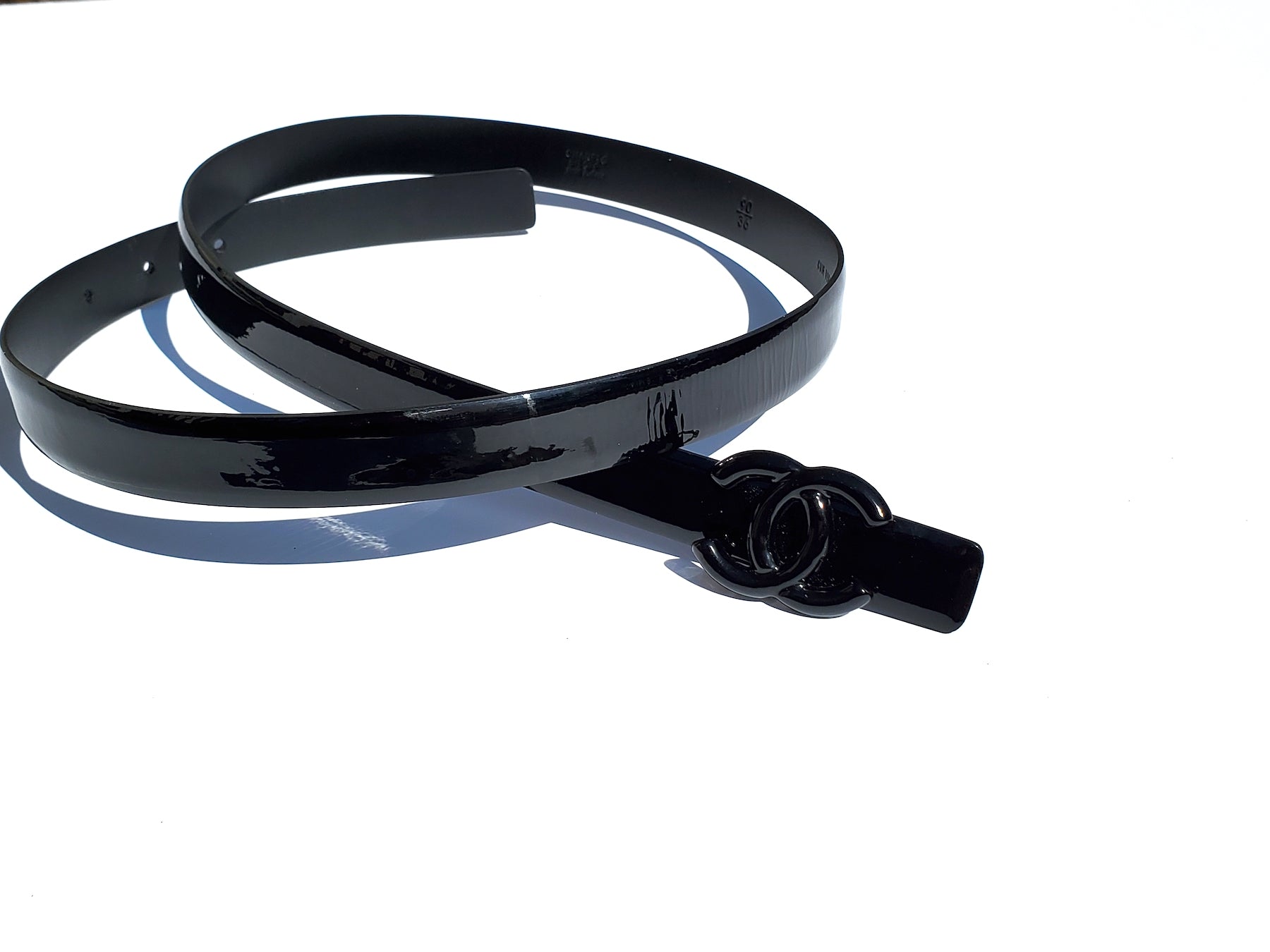 Chanel So Black Lacquered Patent Skinny Cc Logo Belt 90 Bag