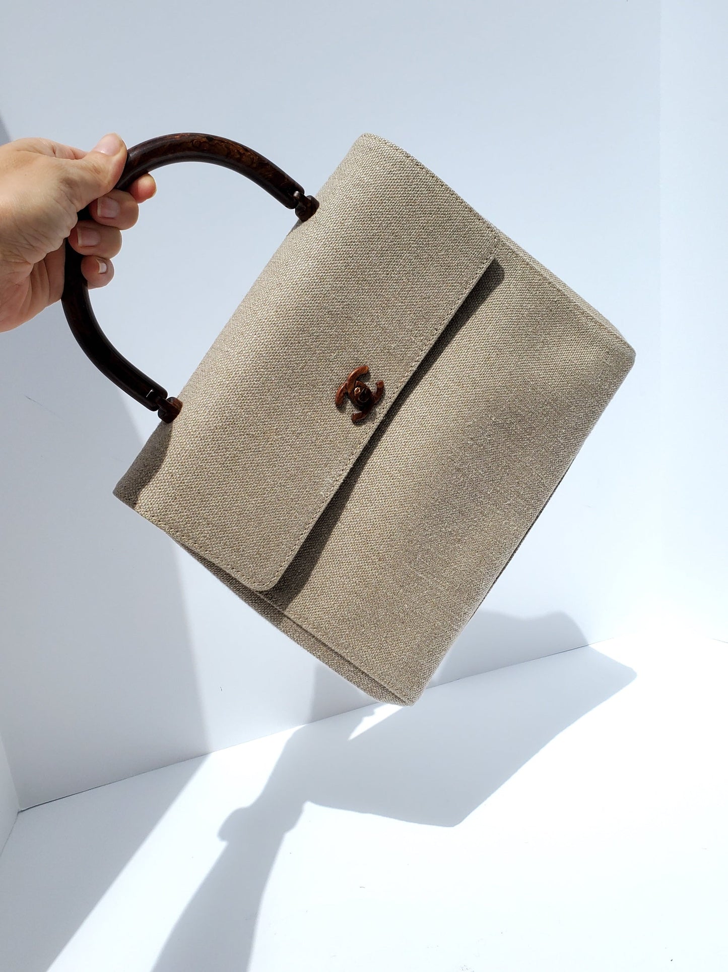 CHANEL   Kelly Wood Canvas Top Handle Bag
