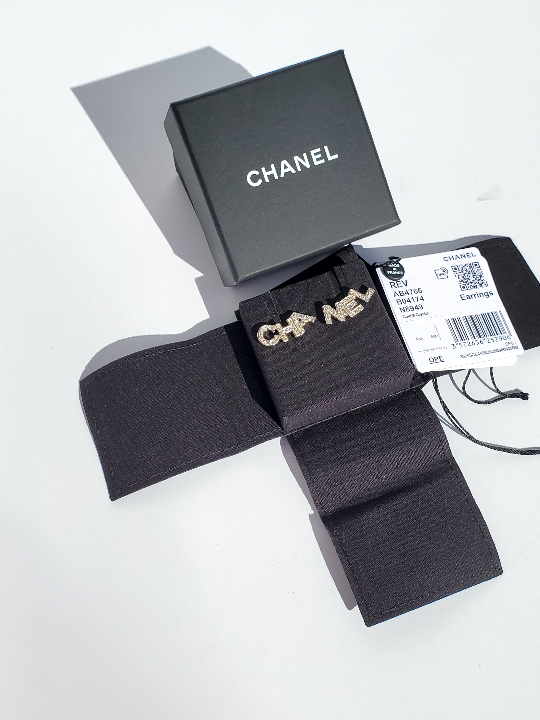 Chanel New 2021 Gold and Crystal Logo Stud Signature Earrings