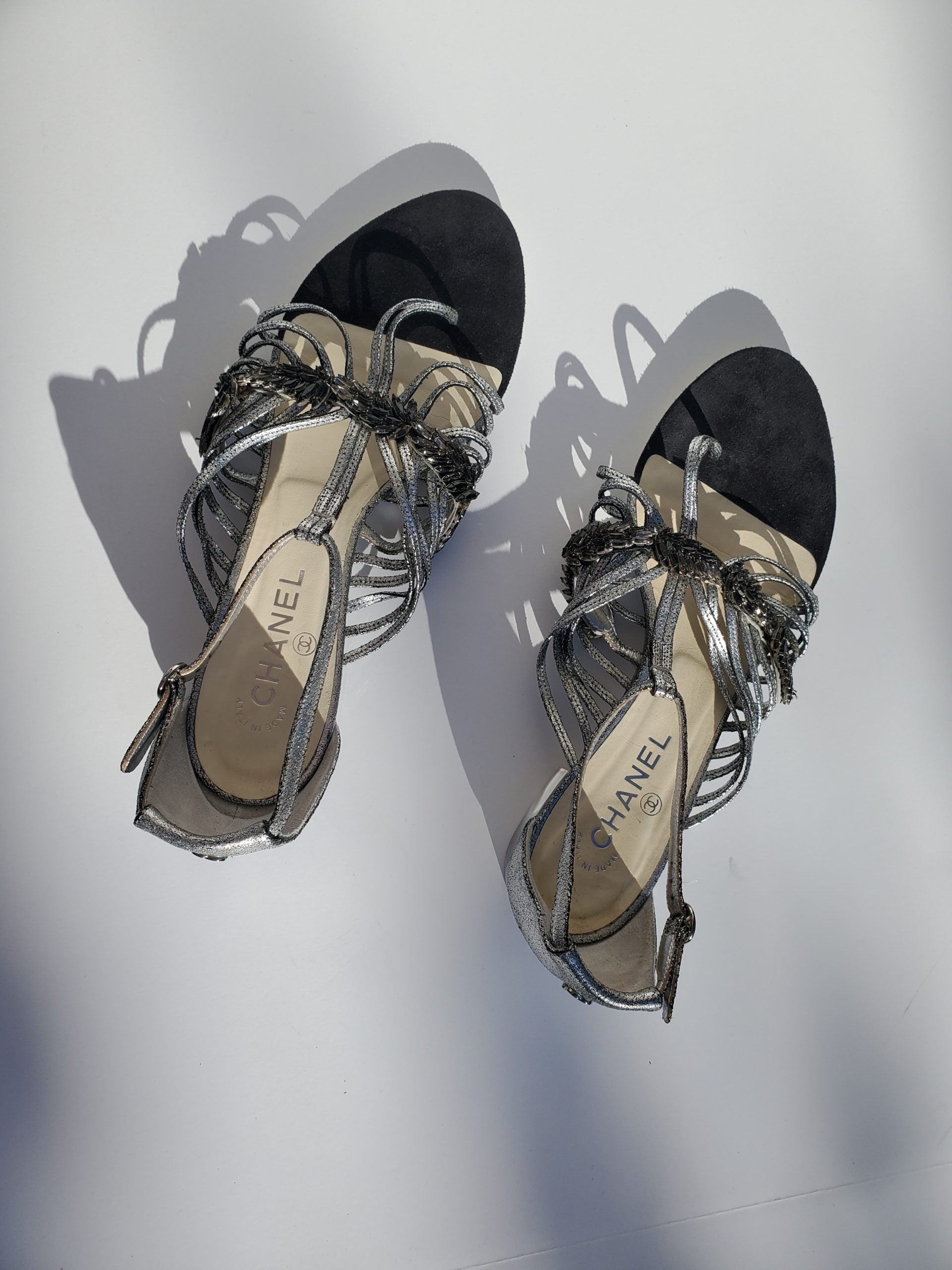 Chanel Silver Metallic Embellished Black T Strap CC Logo Flat Sandals 41 for Women
