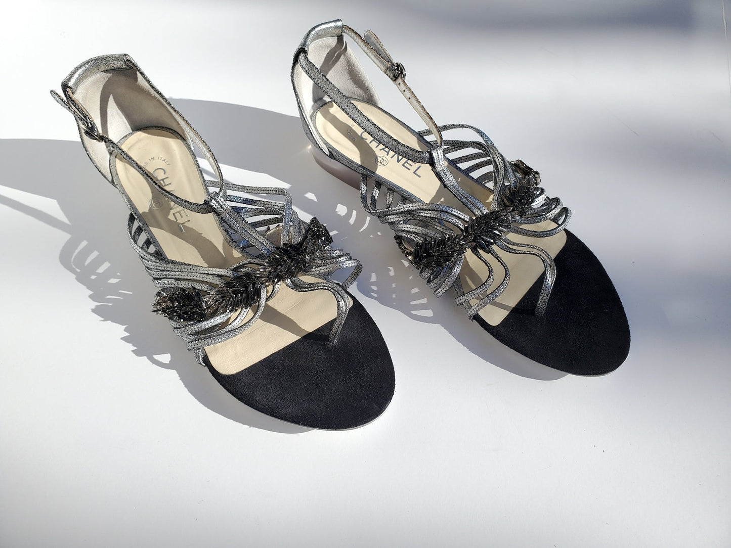 Chanel Silver Metallic Embellished Black T Strap CC Logo Flat Sandals 41 for Women