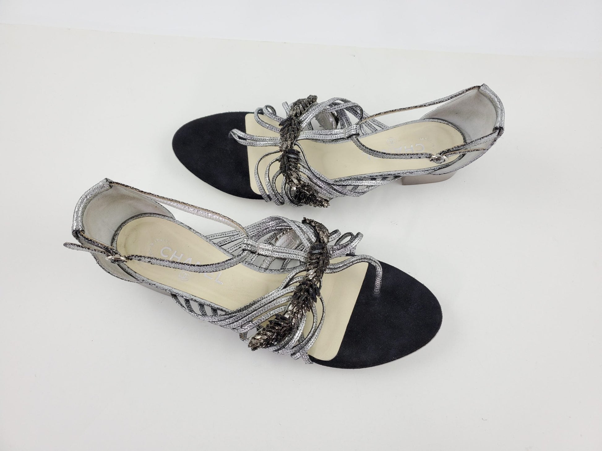 Chanel Silver Metallic Embellished Black T Strap CC Logo Flat Sandals 41 for Women