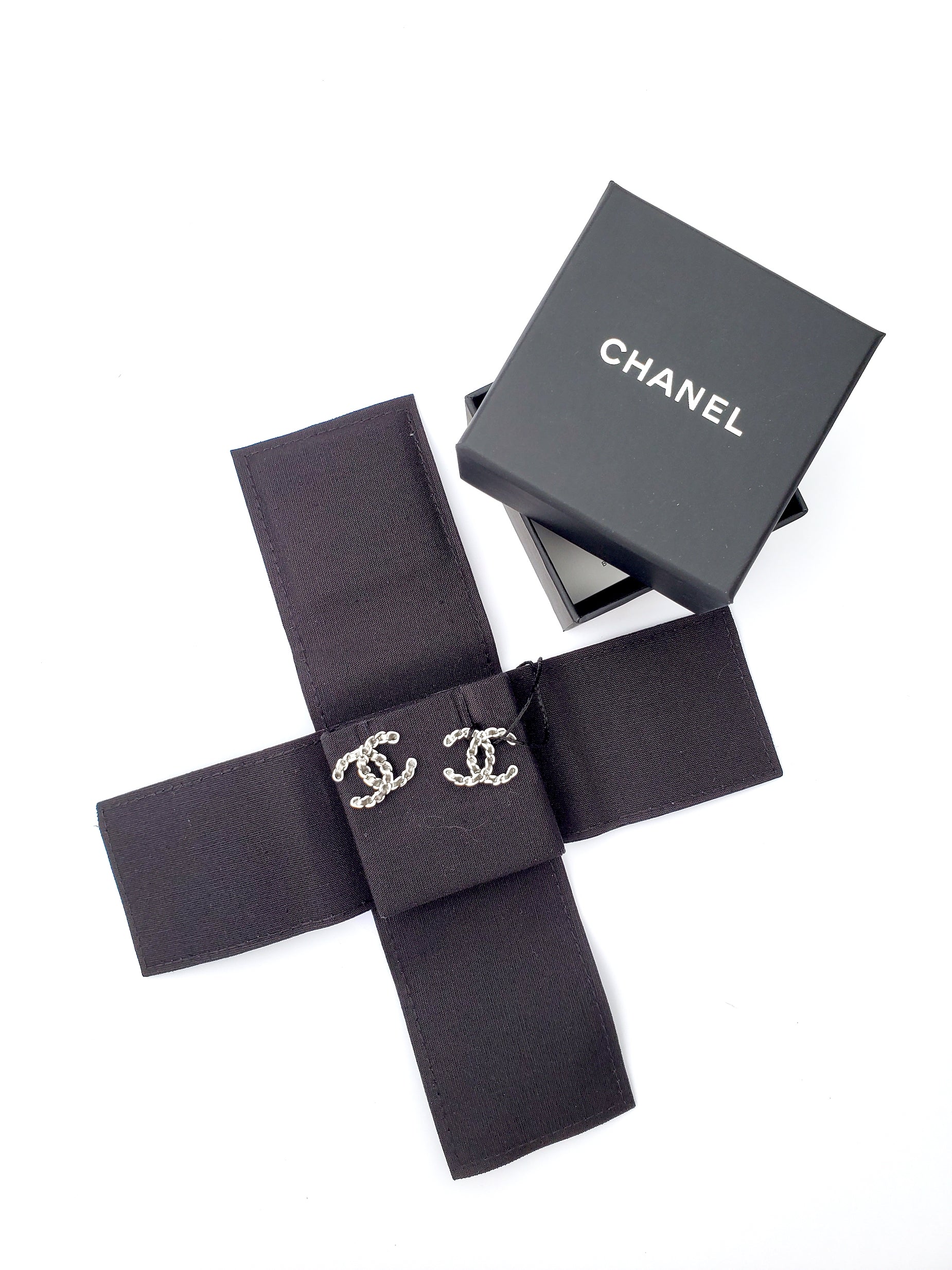 Chanel New 22P CC Logo Ruthenium White Stud Earrings