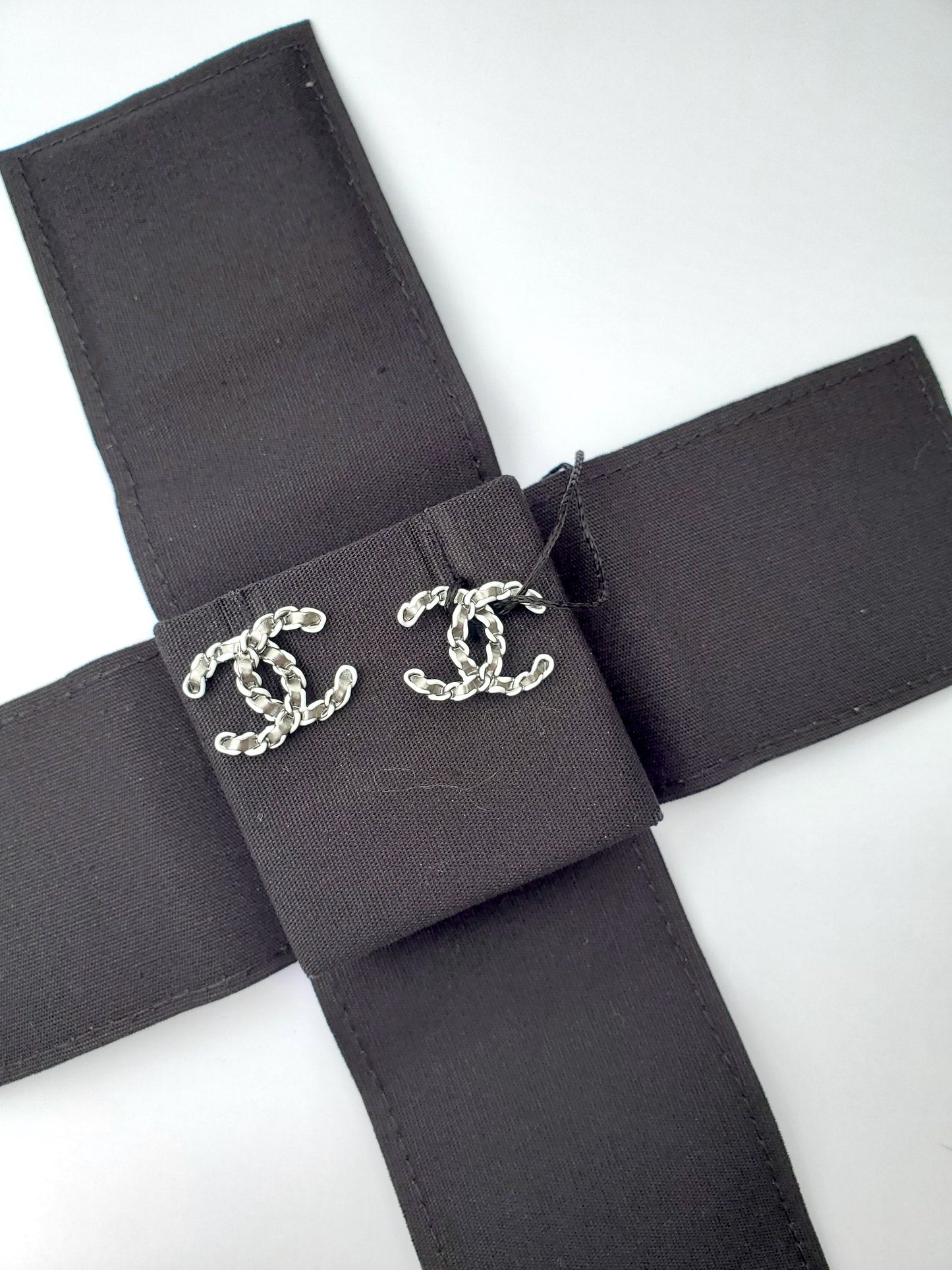 Chanel New 22P CC Logo Ruthenium White Stud Earrings