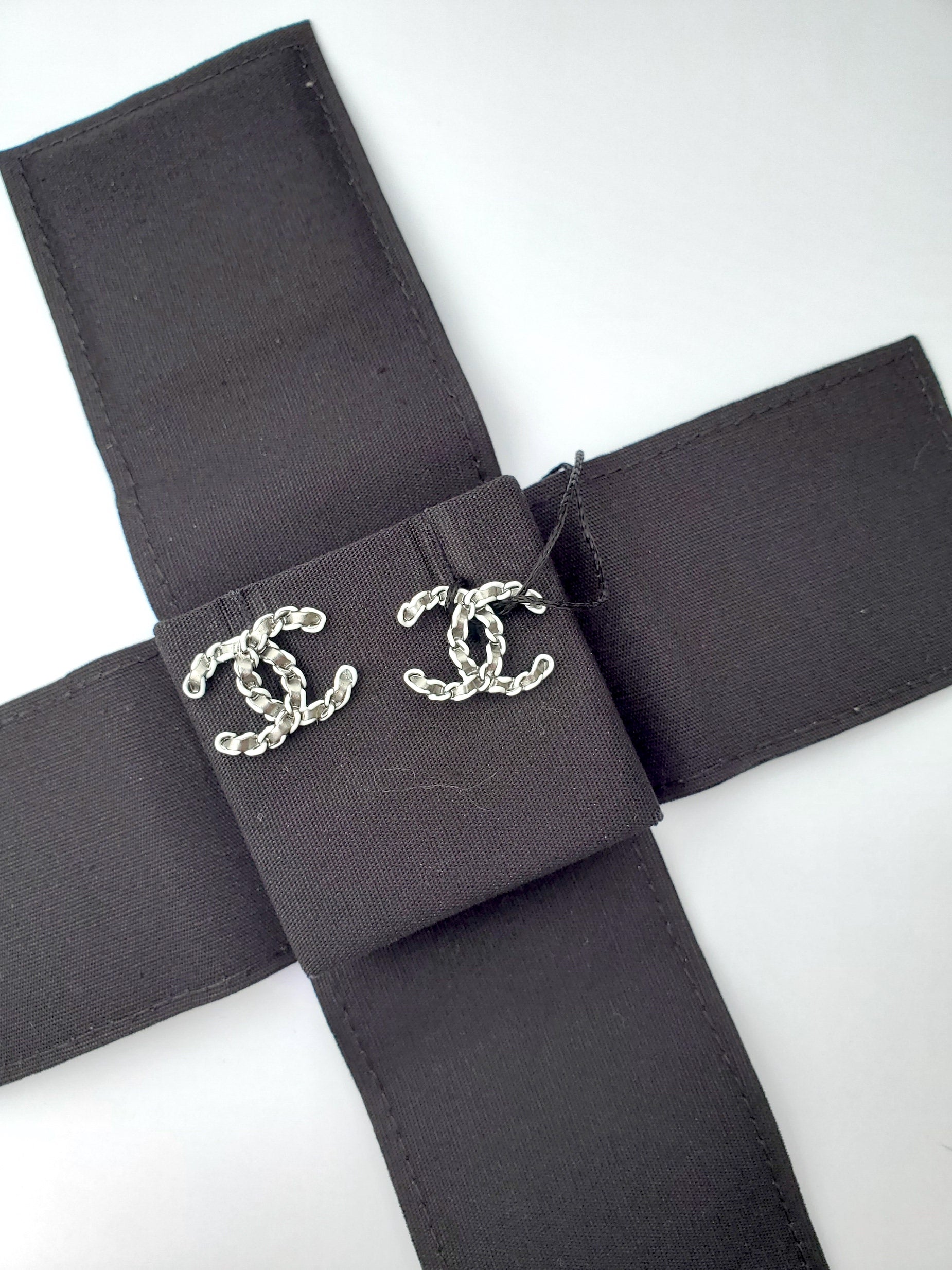 Chanel New 22P CC Logo Ruthenium White Stud Earrings