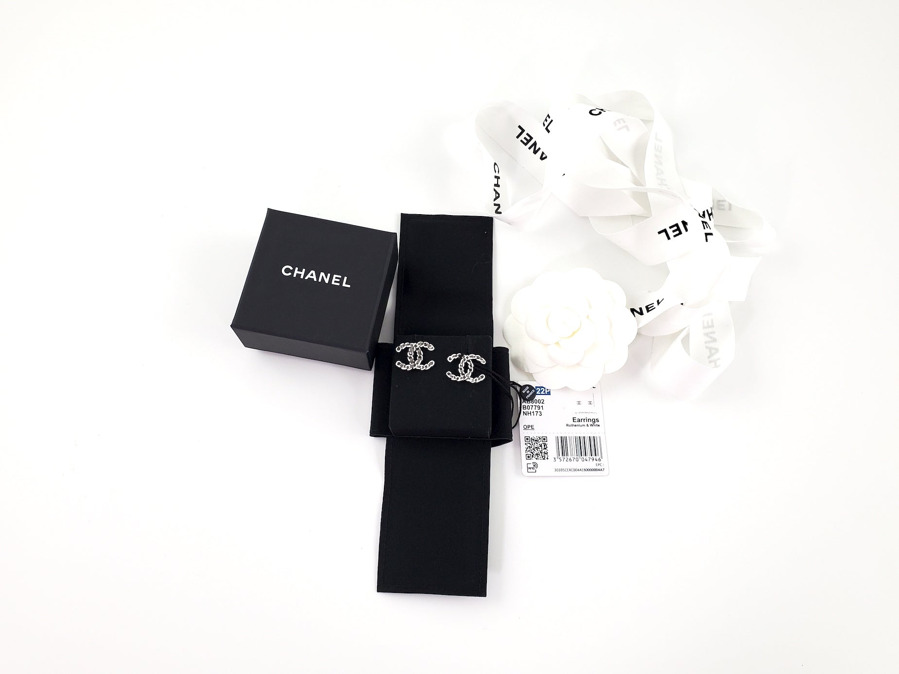 Chanel New 22P CC Logo Ruthenium White Stud Earrings