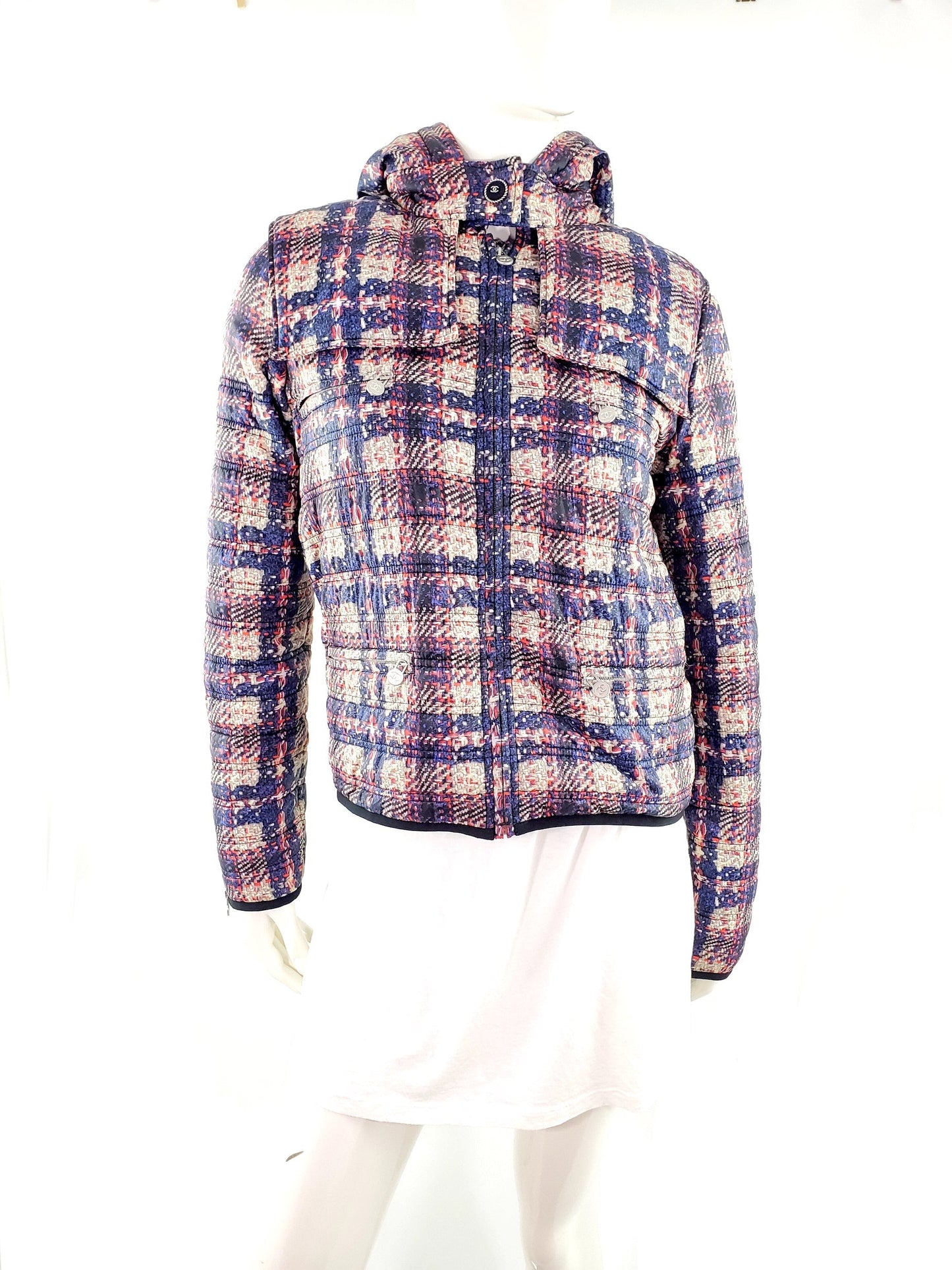 CHANEL 2014 Tweed Print Navy Beige Nylon Hooded Jacket 38