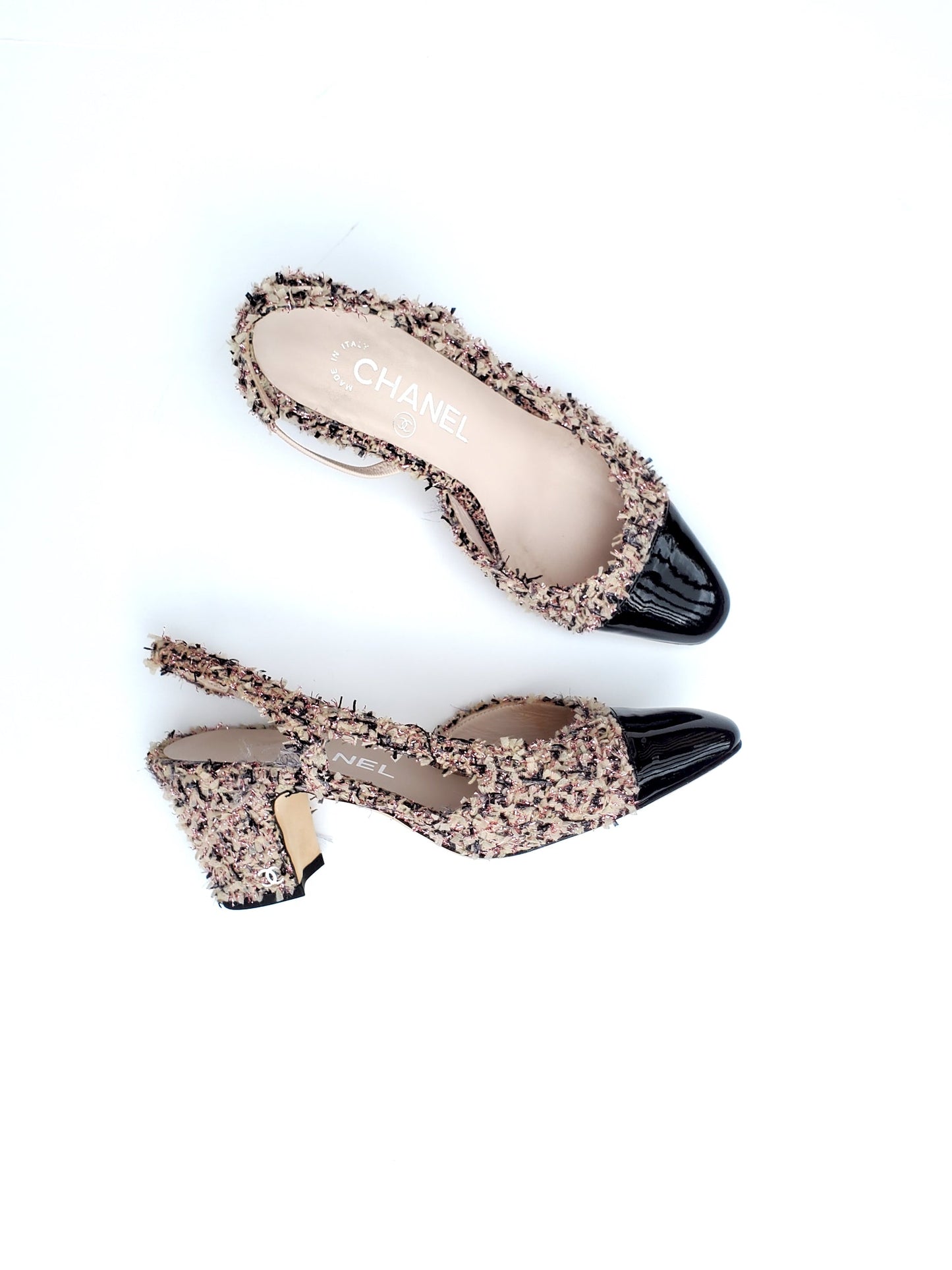 Chanel 18K Tweed Pink Black Slingback Pumps 36