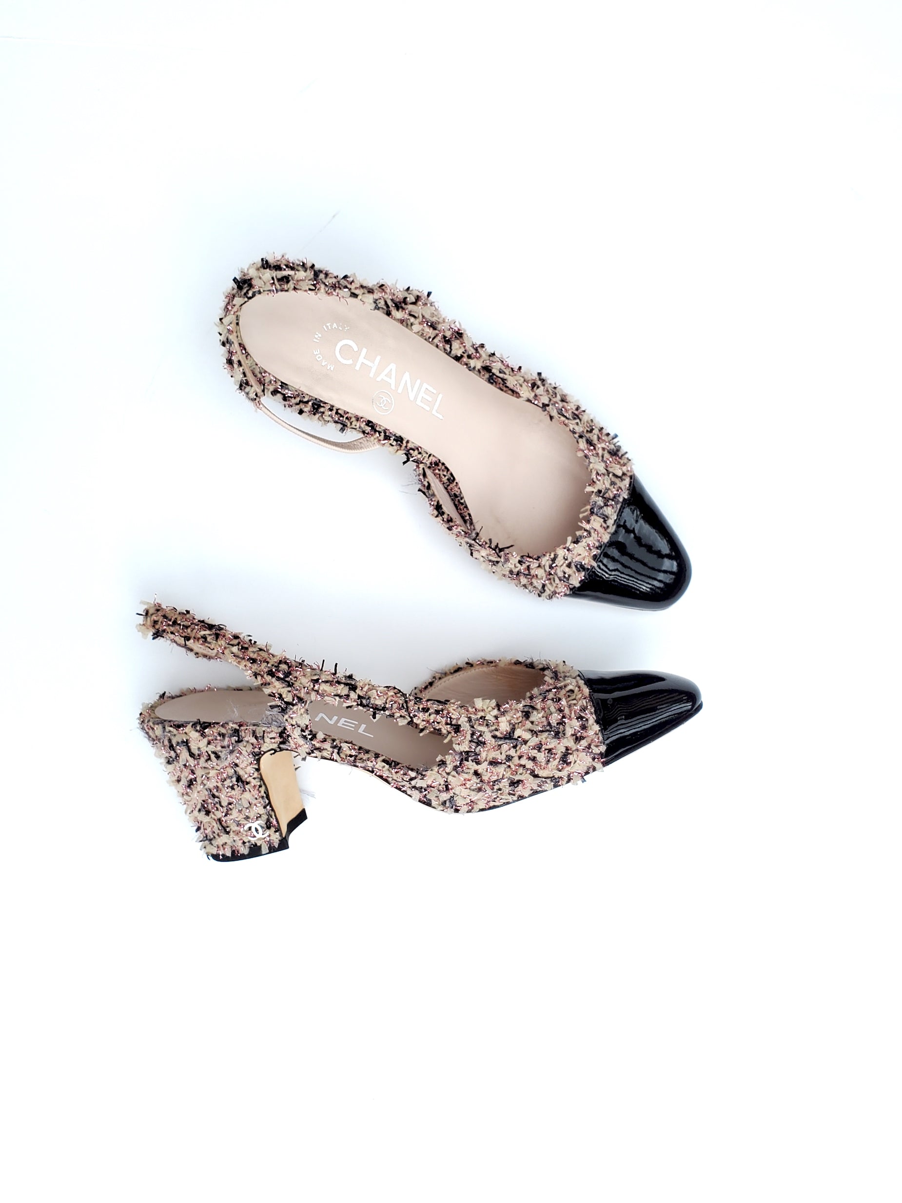 Chanel 18K Tweed Pink Black Slingback Pumps 36